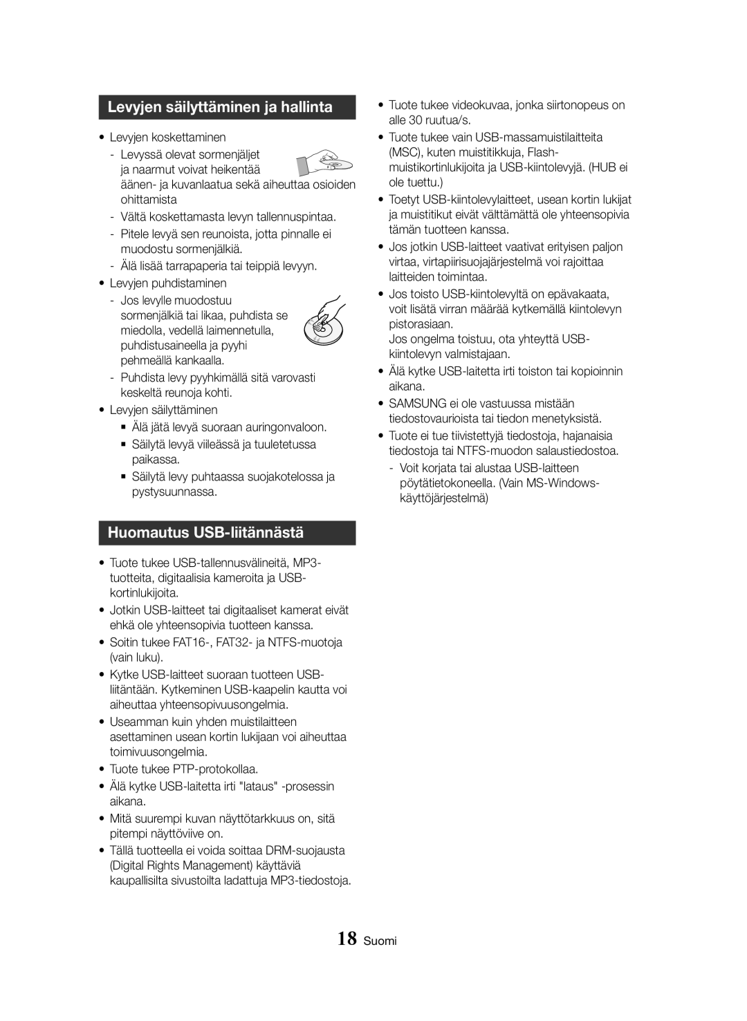 Samsung BD-H8500N/XE, BD-H8900N/XE Levyjen säilyttäminen ja hallinta, Huomautus USB-liitännästä, Levyjen koskettaminen 