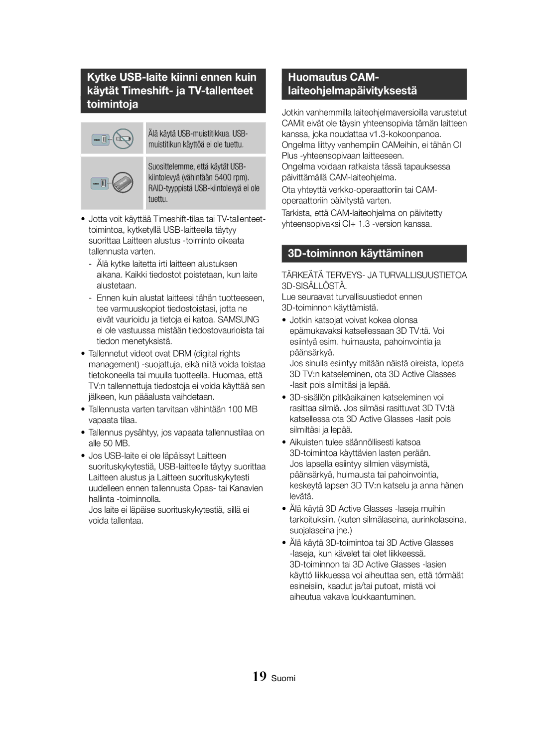 Samsung BD-H8900N/XE, BD-H8500N/XE manual 3D-toiminnon käyttäminen, Tärkeätä TERVEYS- JA Turvallisuustietoa 3D-SISÄLLÖSTÄ 