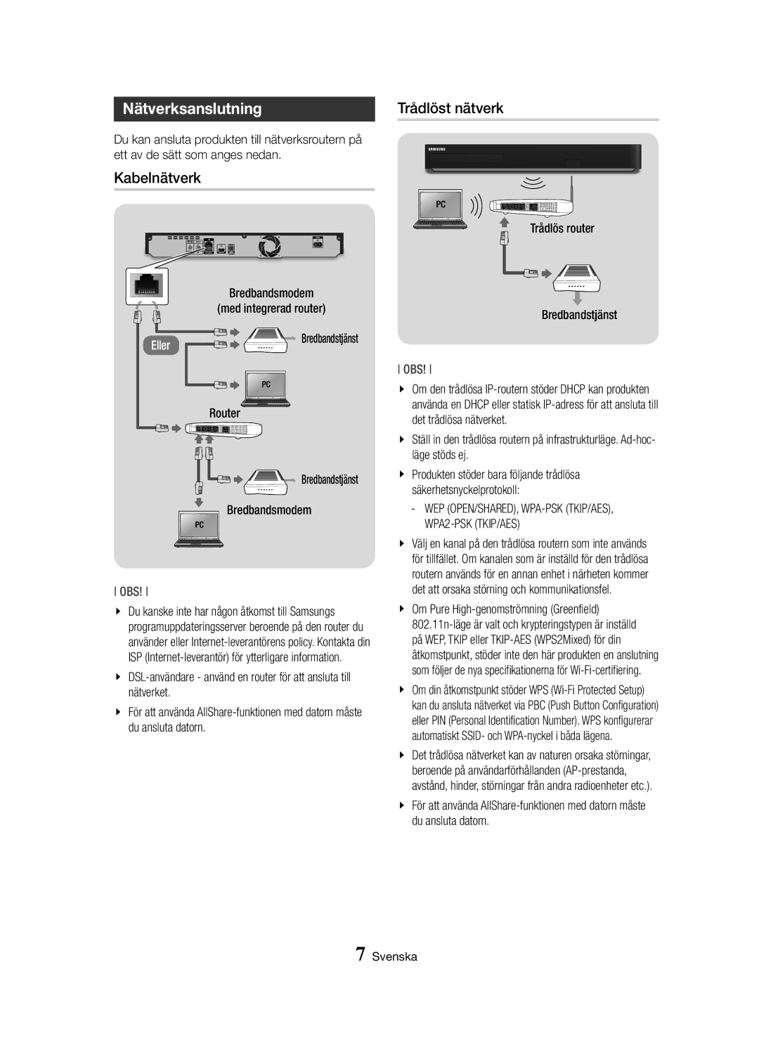 Samsung BD-H8900N/XE, BD-H8500N/XE manual Nätverksanslutning, Kabelnätverk, Trådlöst nätverk 