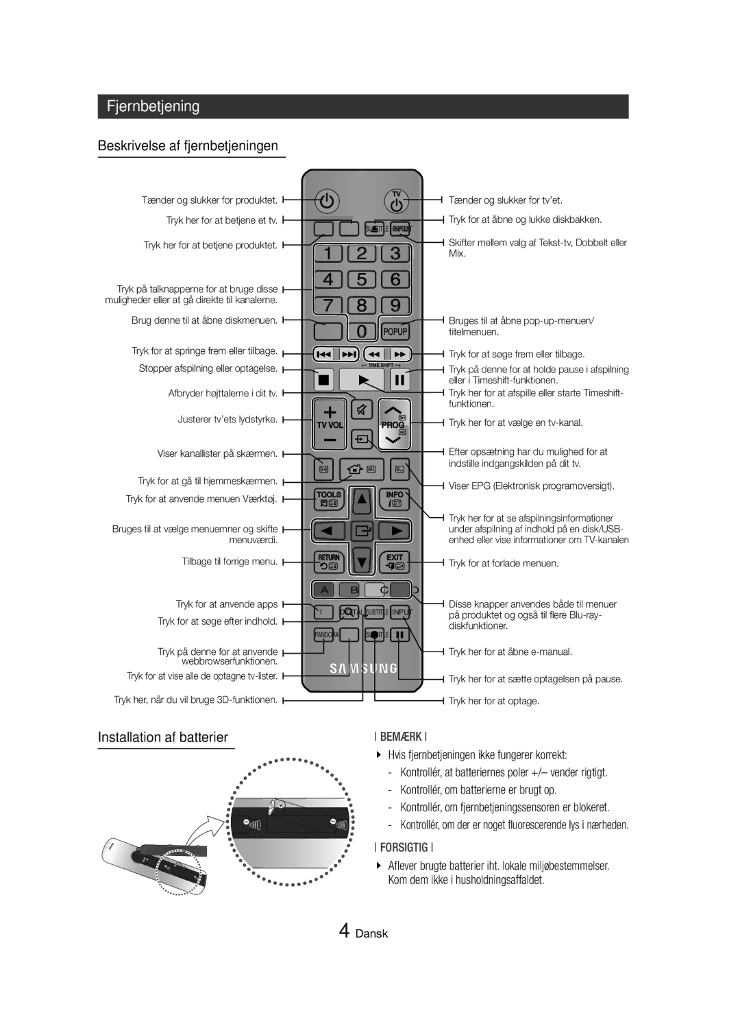 Samsung BD-H8500N/XE, BD-H8900N/XE manual Fjernbetjening, Beskrivelse af fjernbetjeningen, Installation af batterier 