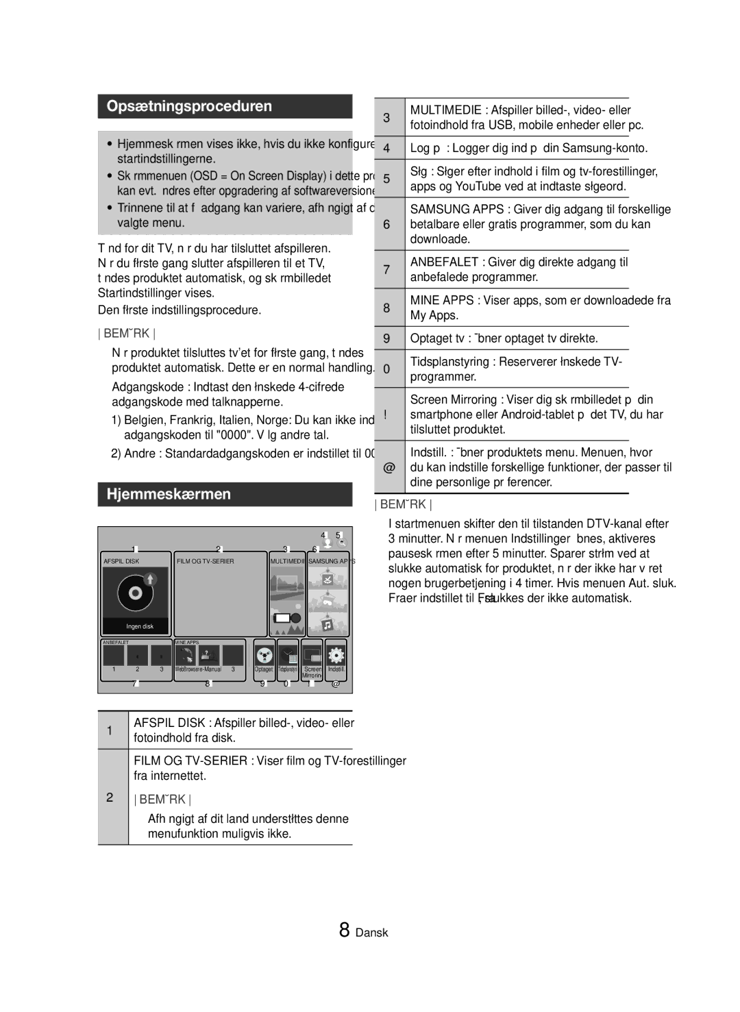 Samsung BD-H8500N/XE, BD-H8900N/XE manual Opsætningsproceduren 