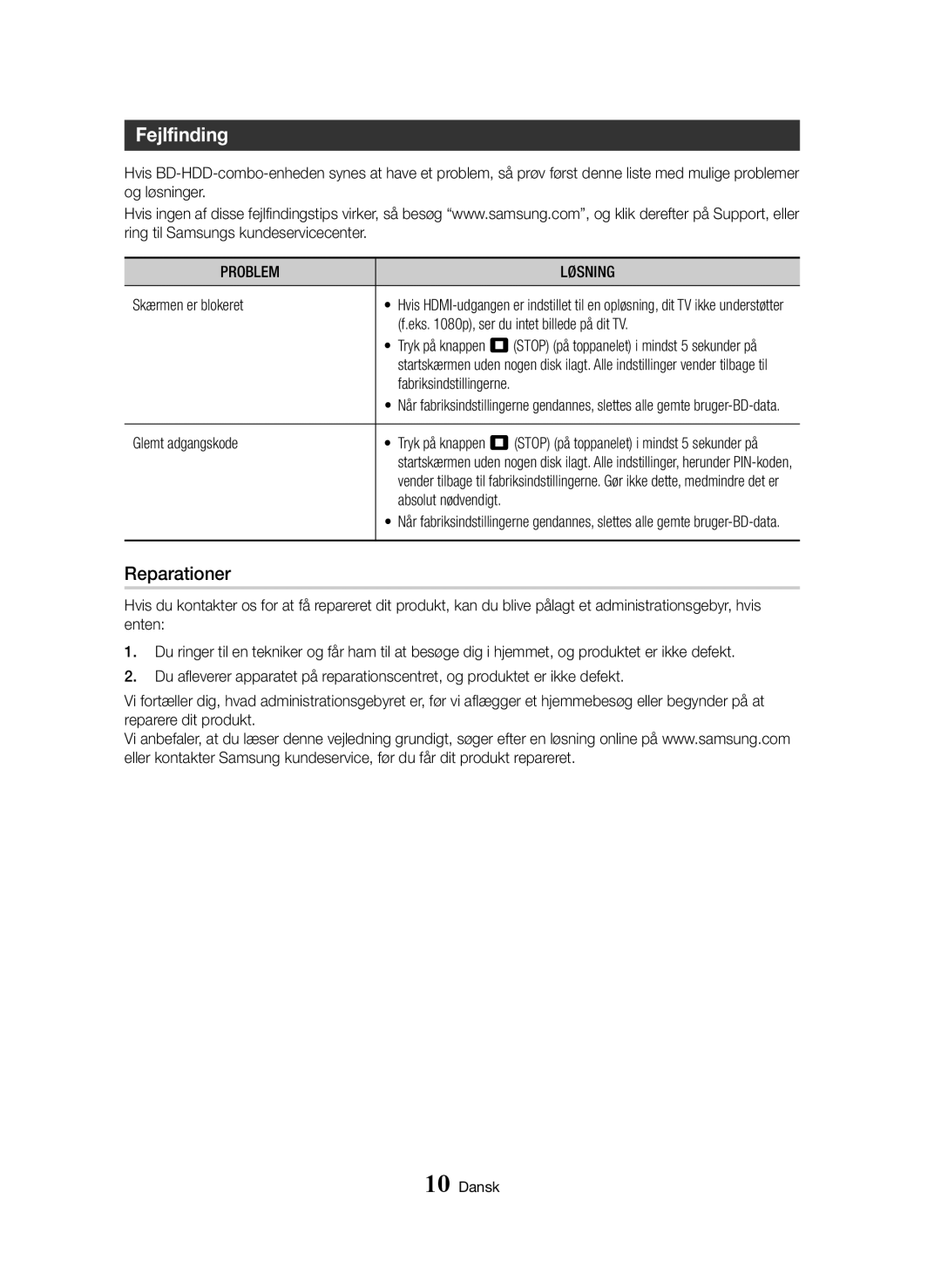 Samsung BD-H8500N/XE manual Fejlfinding, Skærmen er blokeret, Eks p, ser du intet billede på dit TV, Glemt adgangskode 