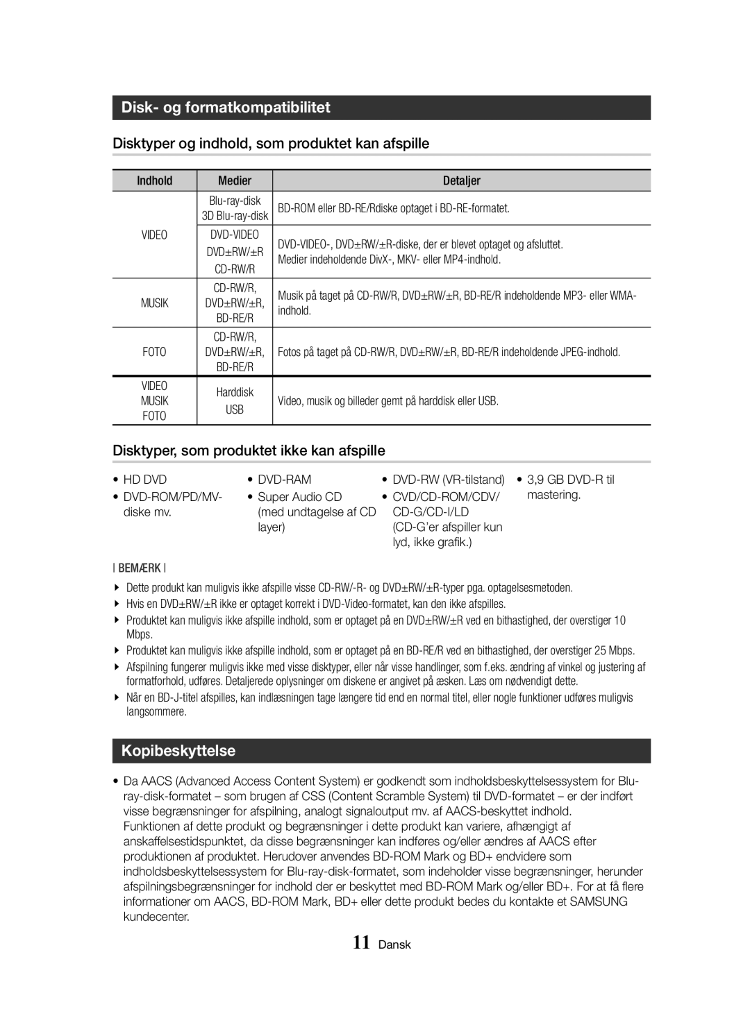 Samsung BD-H8900N/XE, BD-H8500N/XE manual Disk- og formatkompatibilitet, Disktyper og indhold, som produktet kan afspille 