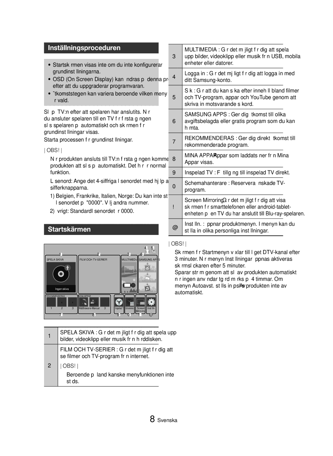 Samsung BD-H8500N/XE, BD-H8900N/XE manual Inställningsproceduren, Startskärmen 