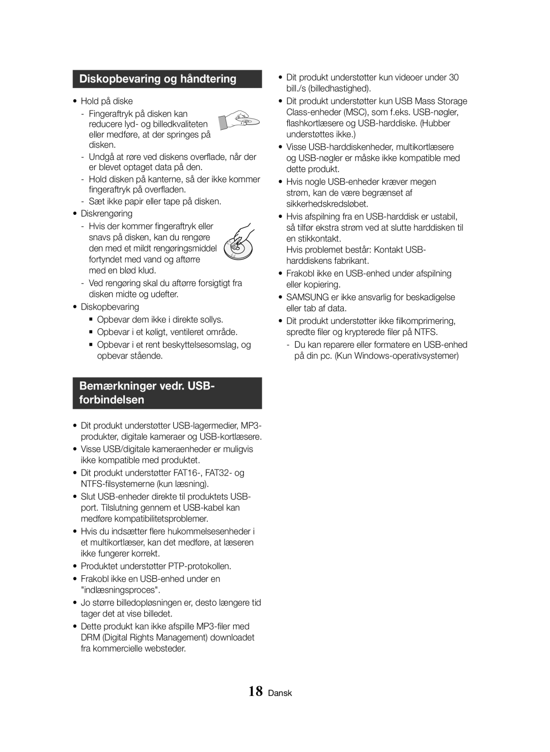 Samsung BD-H8500N/XE, BD-H8900N/XE manual Diskopbevaring og håndtering, Bemærkninger vedr. USB- forbindelsen 