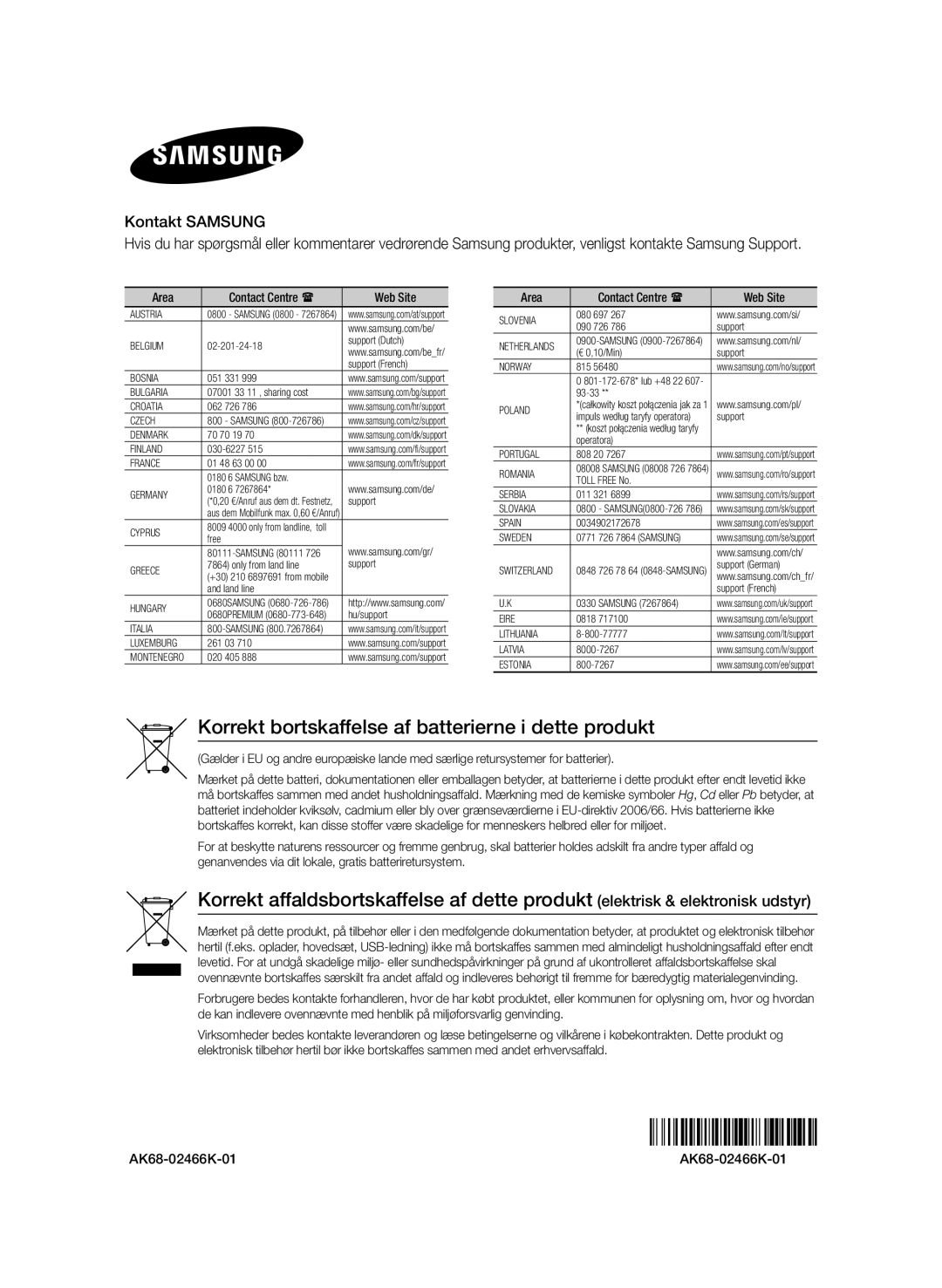 Samsung BD-H8500N/XE, BD-H8900N/XE manual Korrekt bortskaffelse af batterierne i dette produkt, Kontakt Samsung 