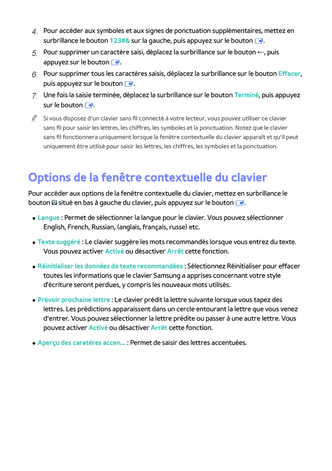 Samsung BD-H8900/ZF, BD-H8500/ZF manual Options de la fenêtre contextuelle du clavier 