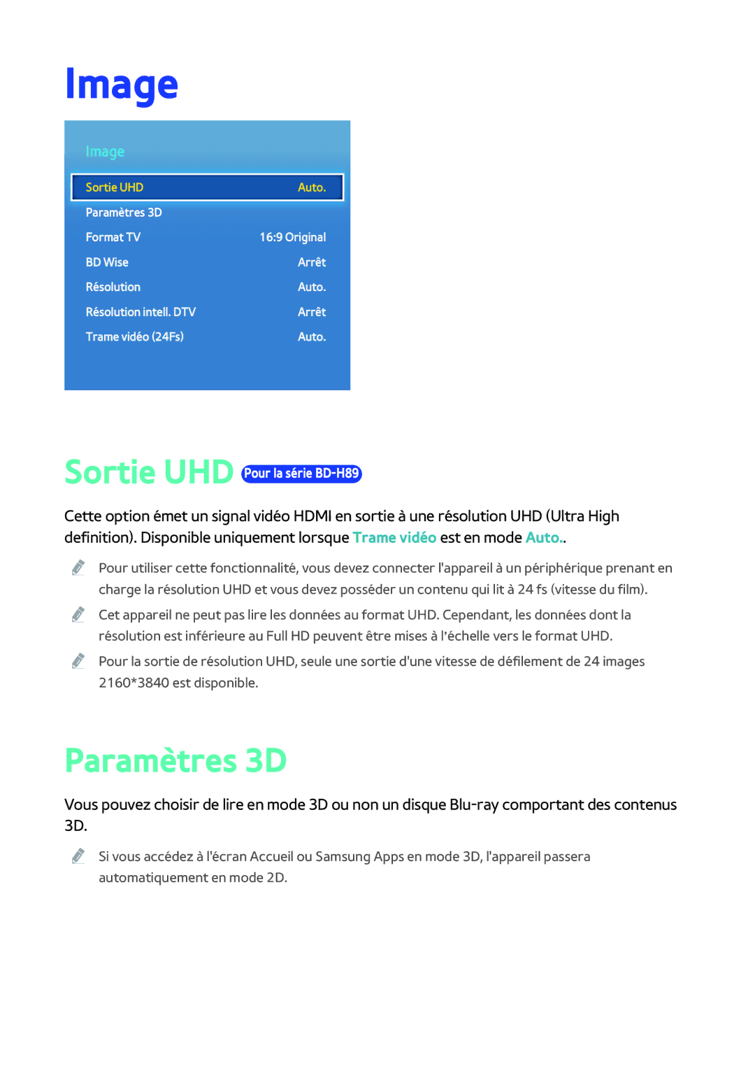 Samsung BD-H8900/ZF, BD-H8500/ZF manual Image, Paramètres 3D 