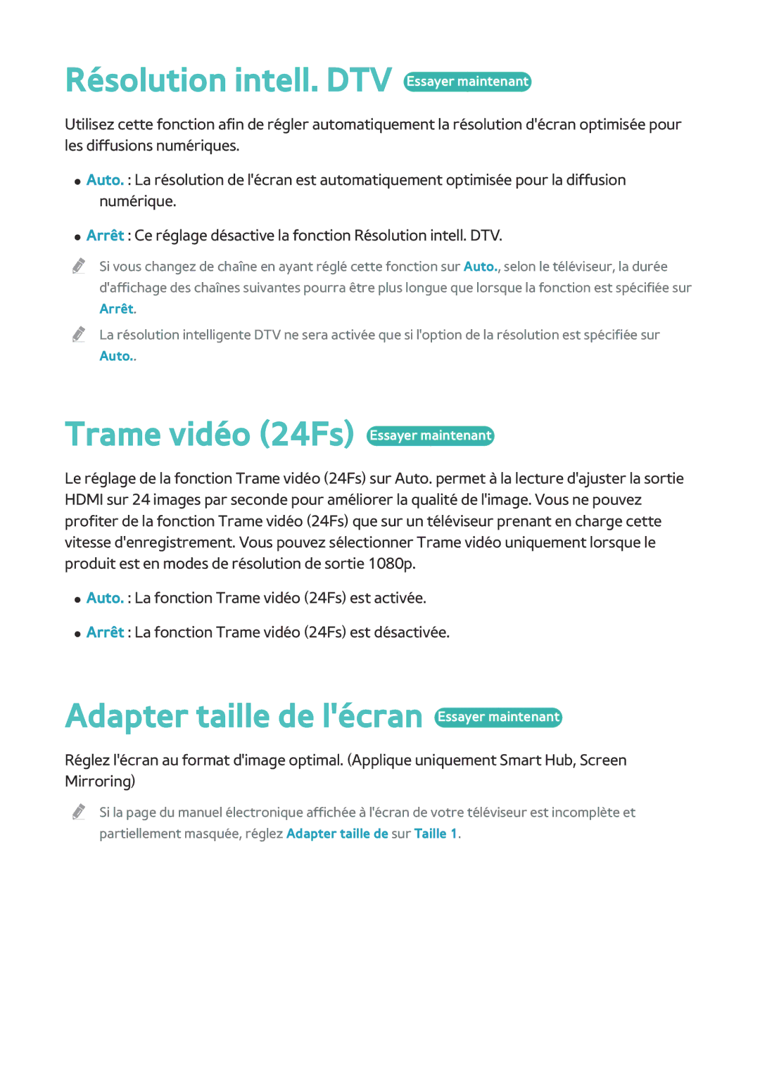 Samsung BD-H8500/ZF, BD-H8900/ZF manual Résolution intell. DTV Essayer maintenant, Trame vidéo 24Fs Essayer maintenant 