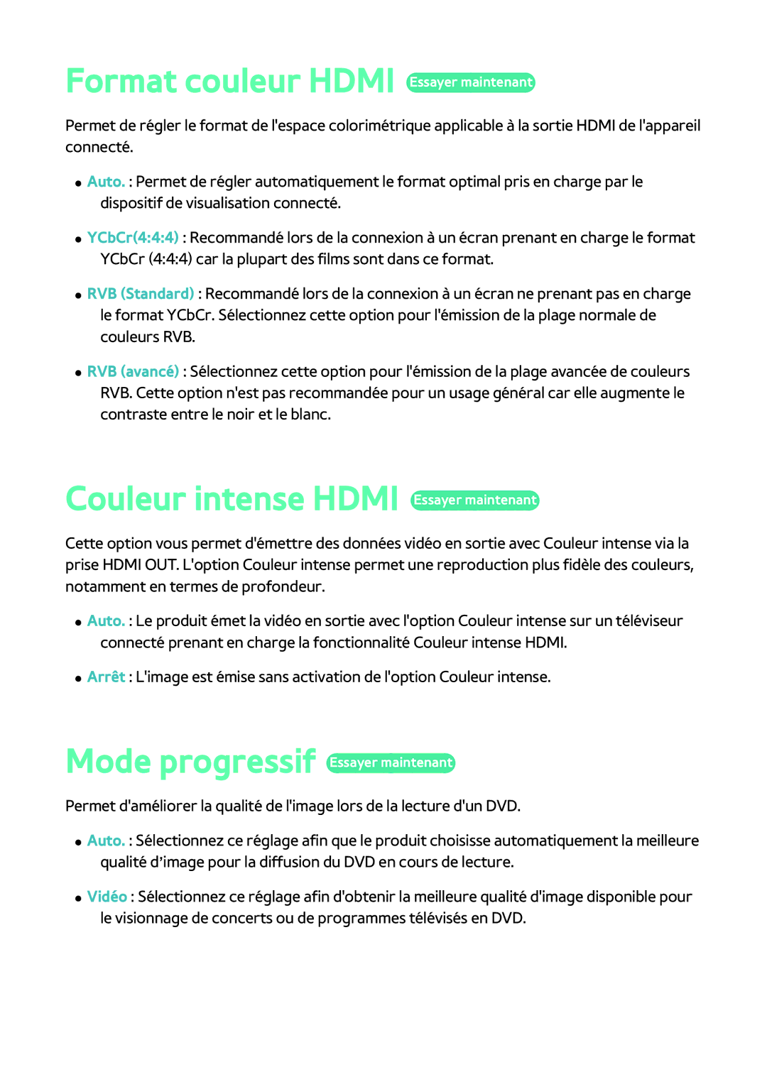 Samsung BD-H8900/ZF, BD-H8500/ZF manual Format couleur Hdmi Essayer maintenant, Couleur intense Hdmi Essayer maintenant 