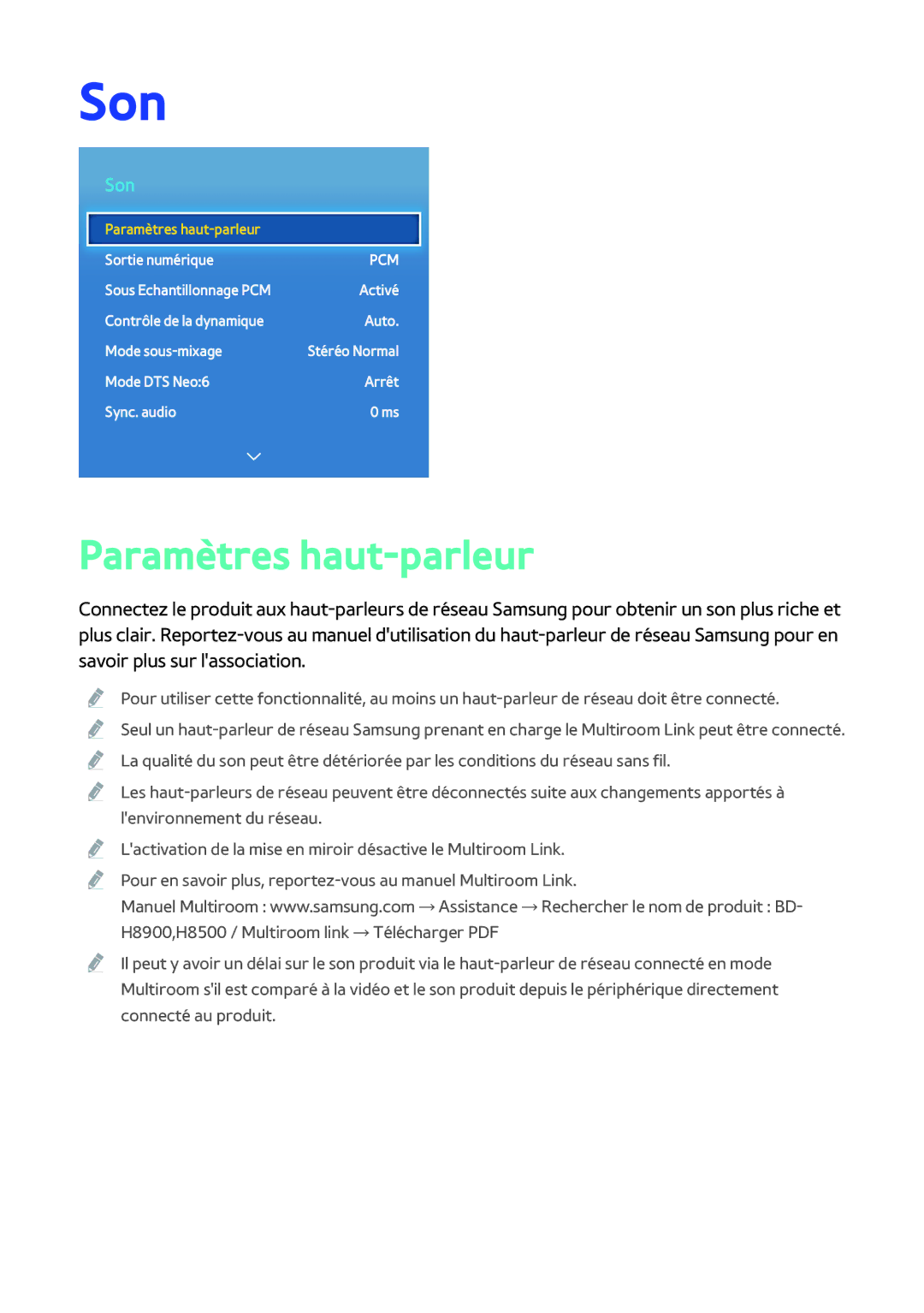 Samsung BD-H8500/ZF, BD-H8900/ZF manual Son, Paramètres haut-parleur 