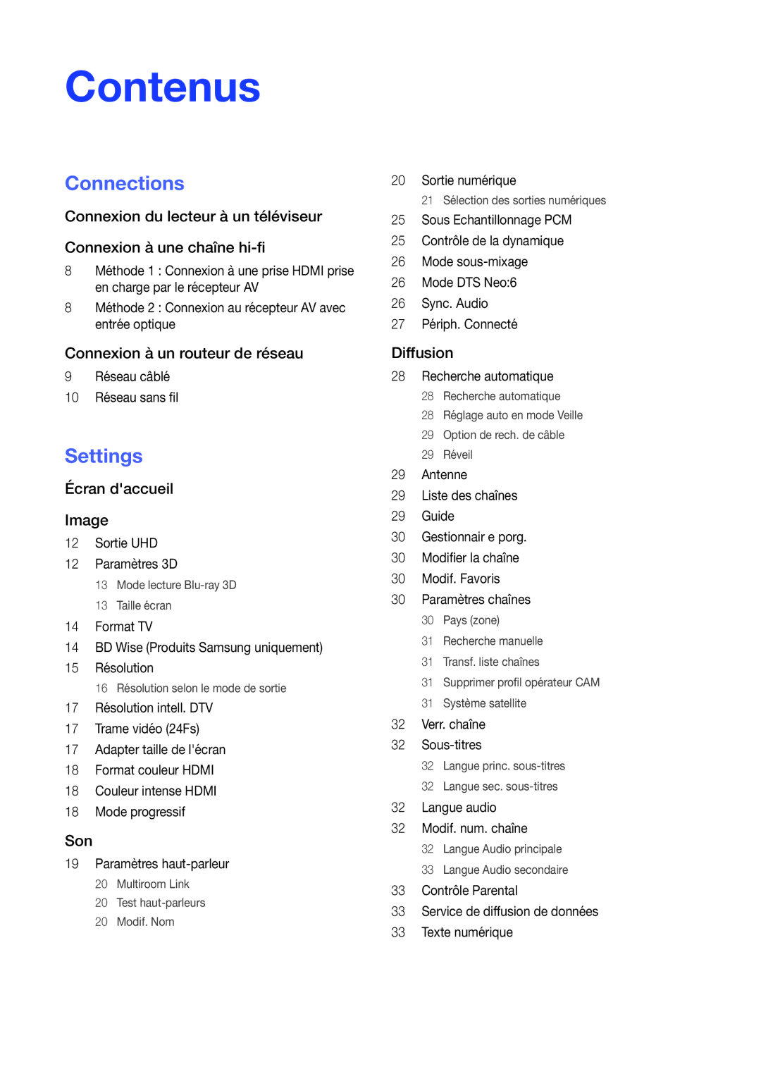 Samsung BD-H8900/ZF, BD-H8500/ZF manual Contenus, Connections 