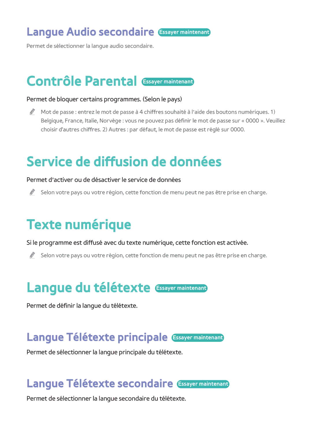 Samsung BD-H8500/ZF, BD-H8900/ZF Contrôle Parental Essayer maintenant, Service de diffusion de données , Texte numérique  