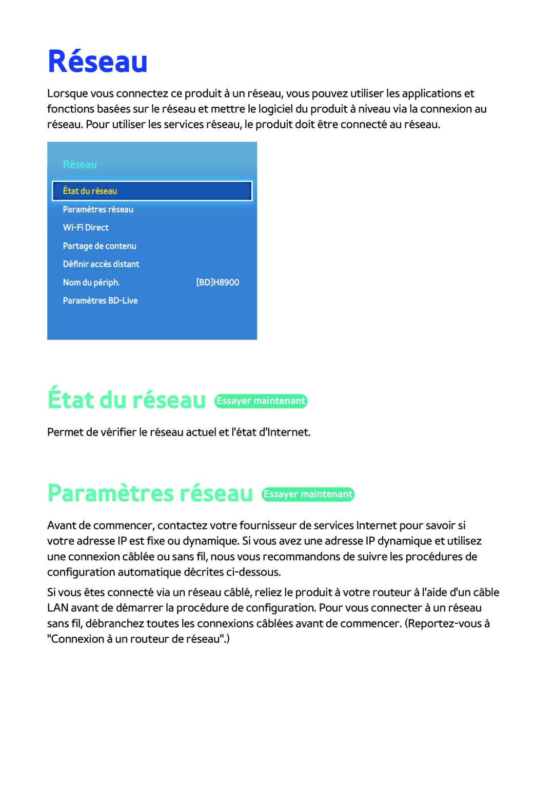 Samsung BD-H8500/ZF, BD-H8900/ZF manual Réseau, Paramètres réseau Essayer maintenant 