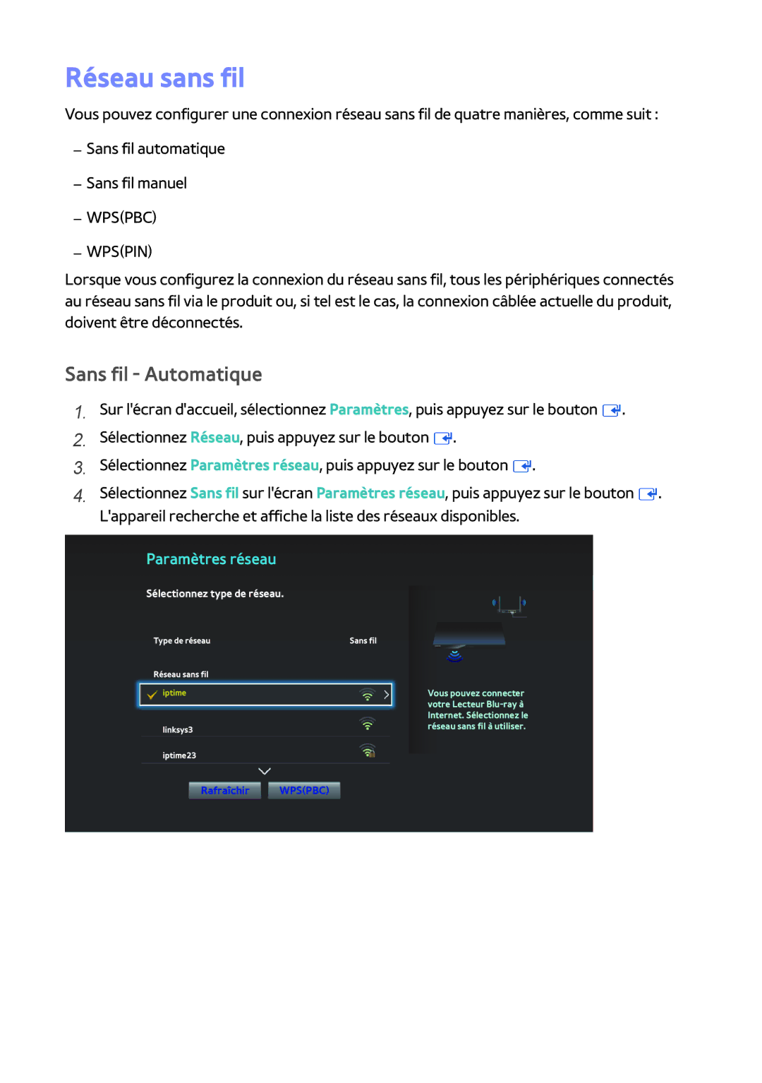 Samsung BD-H8900/ZF, BD-H8500/ZF manual Réseau sans fil, Sans fil Automatique 