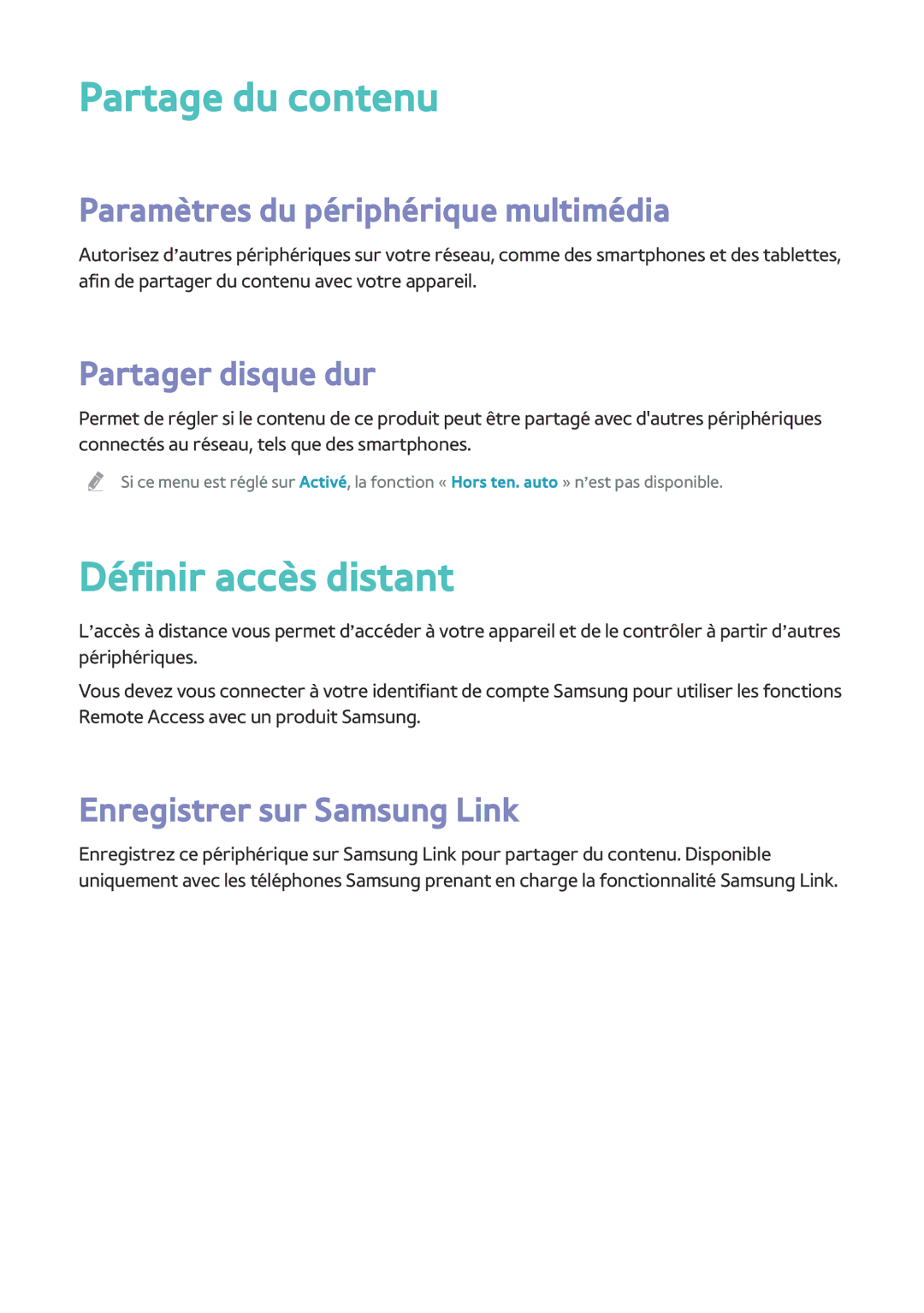 Samsung BD-H8500/ZF Partage du contenu, Définir accès distant, Paramètres du périphérique multimédia, Partager disque dur 