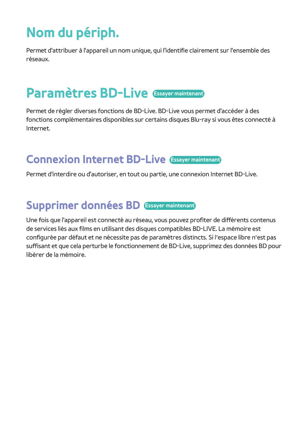 Samsung BD-H8900/ZF Nom du périph, Paramètres BD-Live Essayer maintenant, Connexion Internet BD-Live Essayer maintenant 