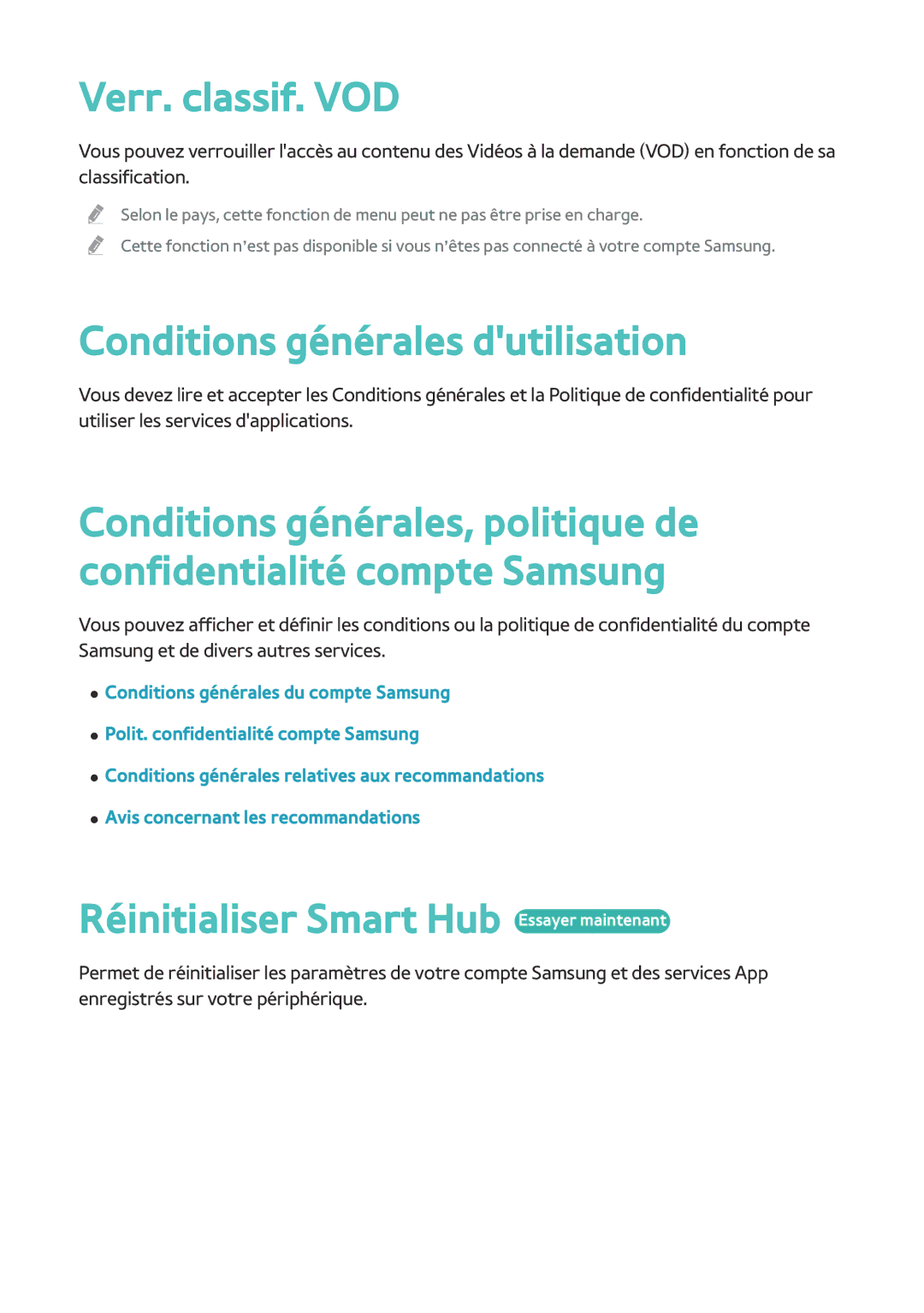 Samsung BD-H8900/ZF Verr. classif. VOD, Conditions générales dutilisation, Réinitialiser Smart Hub Essayer maintenant 