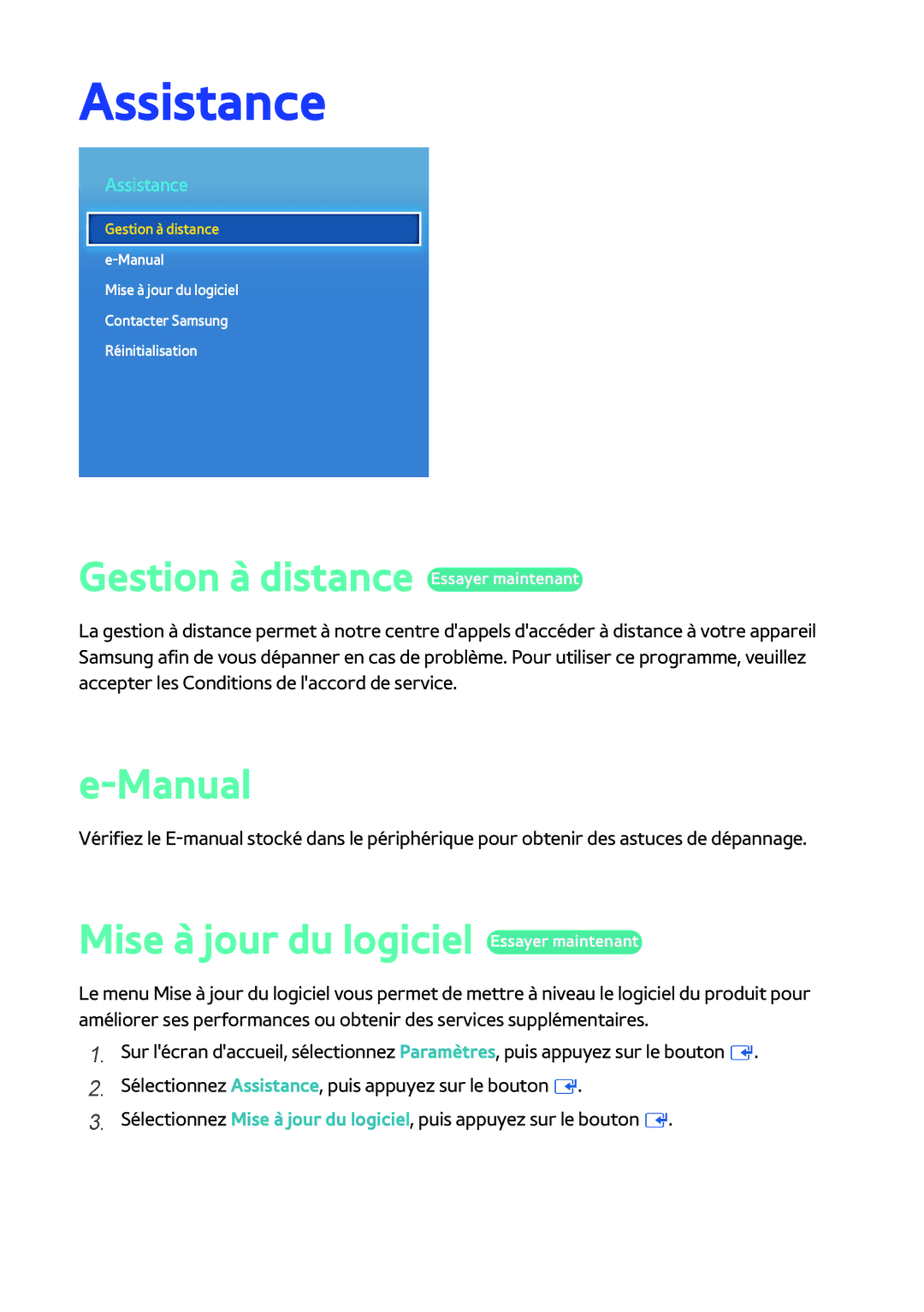 Samsung BD-H8900/ZF Assistance, Gestion à distance Essayer maintenant, Manual, Mise à jour du logiciel Essayer maintenant 