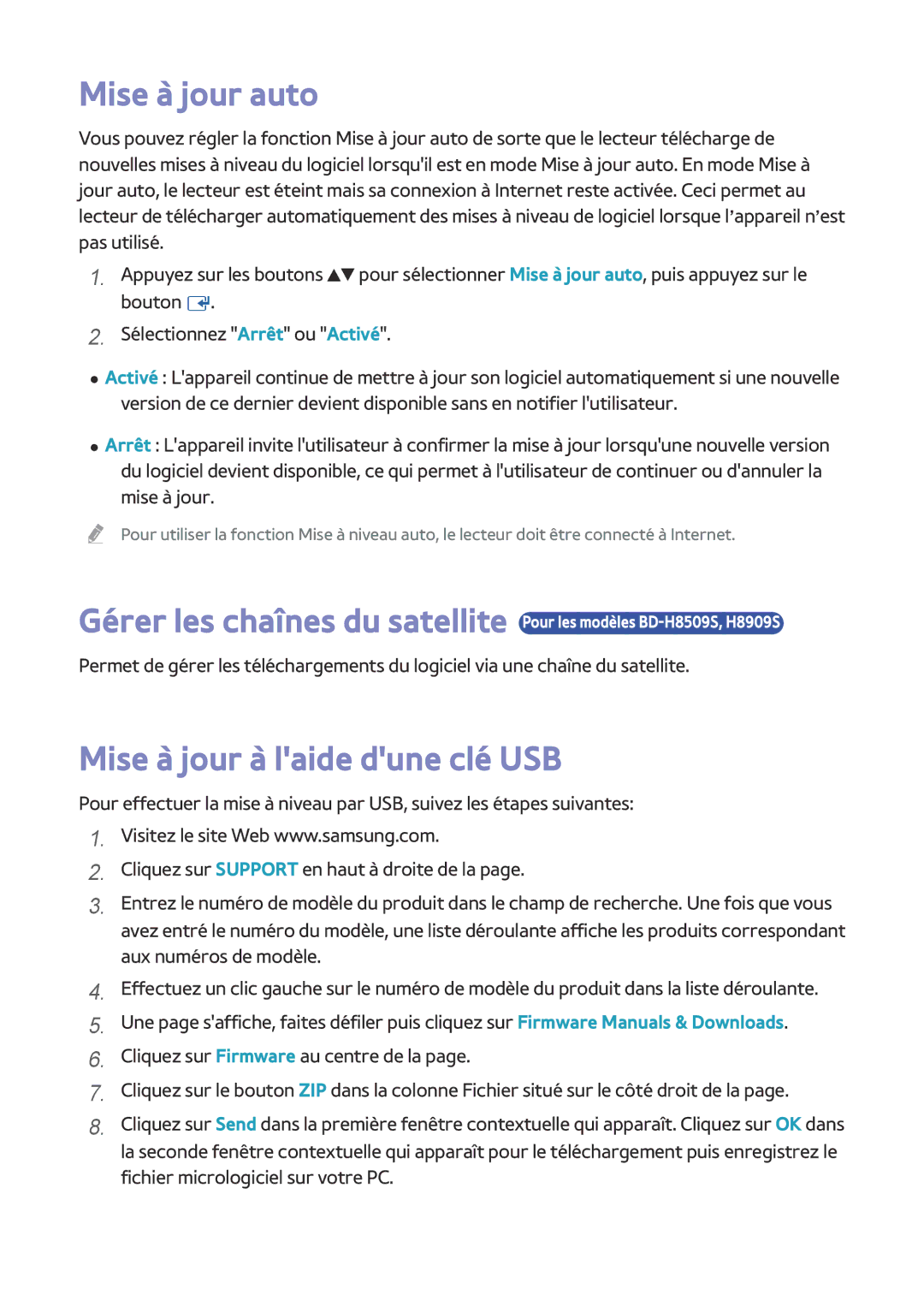 Samsung BD-H8900/ZF, BD-H8500/ZF manual Mise à jour auto, Mise à jour à laide dune clé USB 