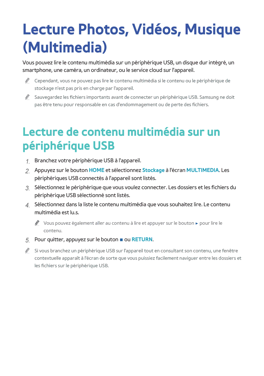 Samsung BD-H8500/ZF Lecture Photos, Vidéos, Musique Multimedia, Lecture de contenu multimédia sur un périphérique USB 