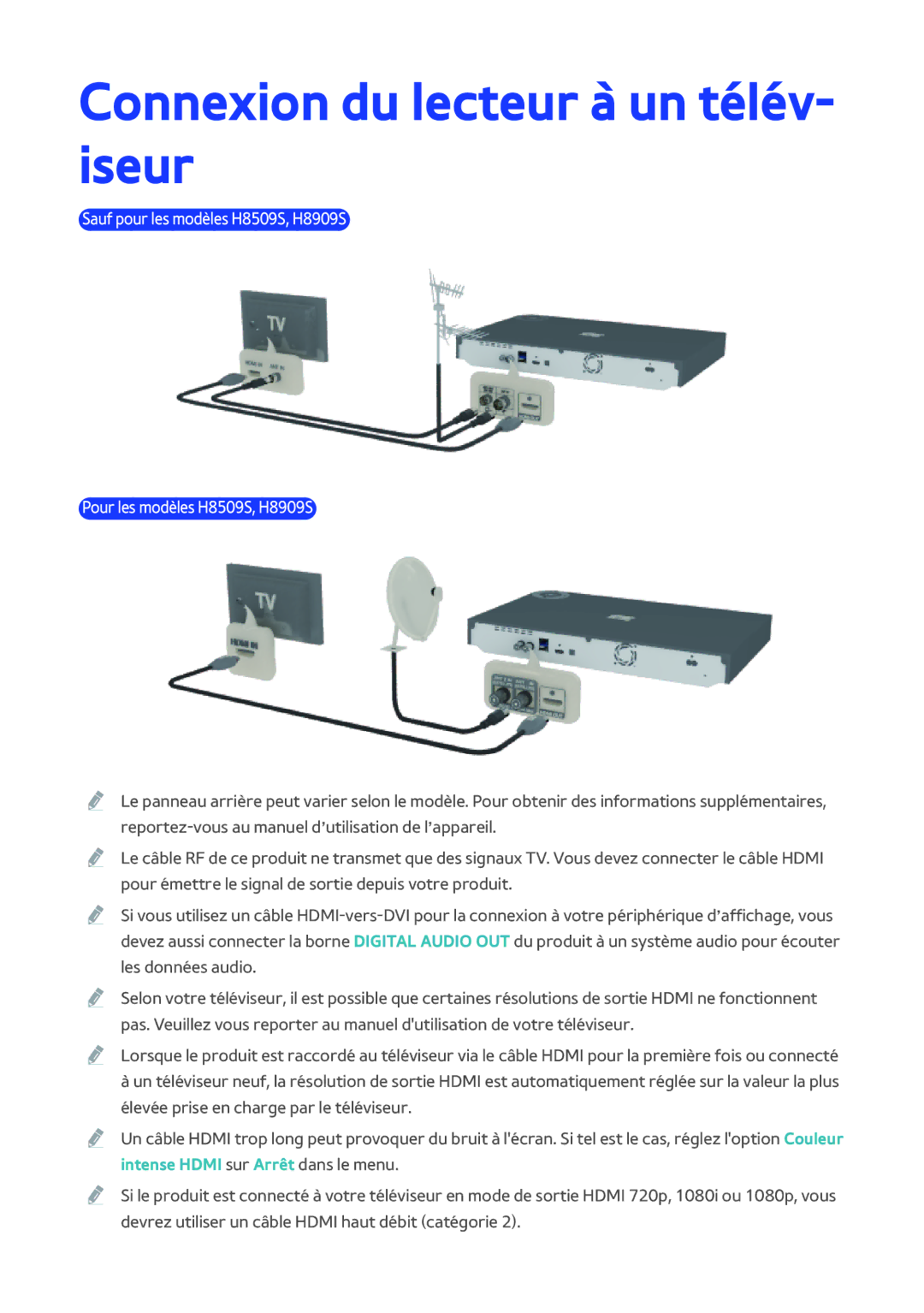 Samsung BD-H8900/ZF, BD-H8500/ZF manual Connexion du lecteur à un télév- iseur 