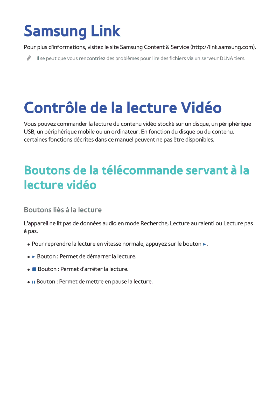 Samsung BD-H8500/ZF Samsung Link, Contrôle de la lecture Vidéo, Boutons de la télécommande servant à la lecture vidéo 