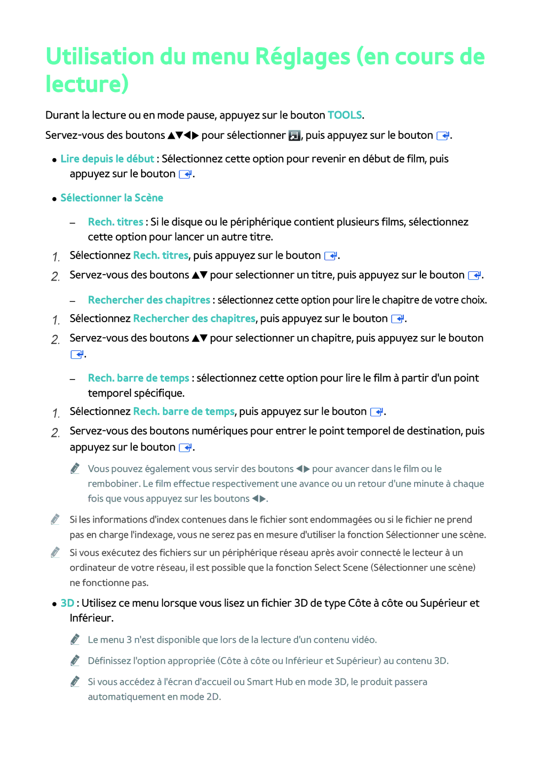 Samsung BD-H8500/ZF, BD-H8900/ZF manual Utilisation du menu Réglages en cours de lecture, Sélectionner la Scène 