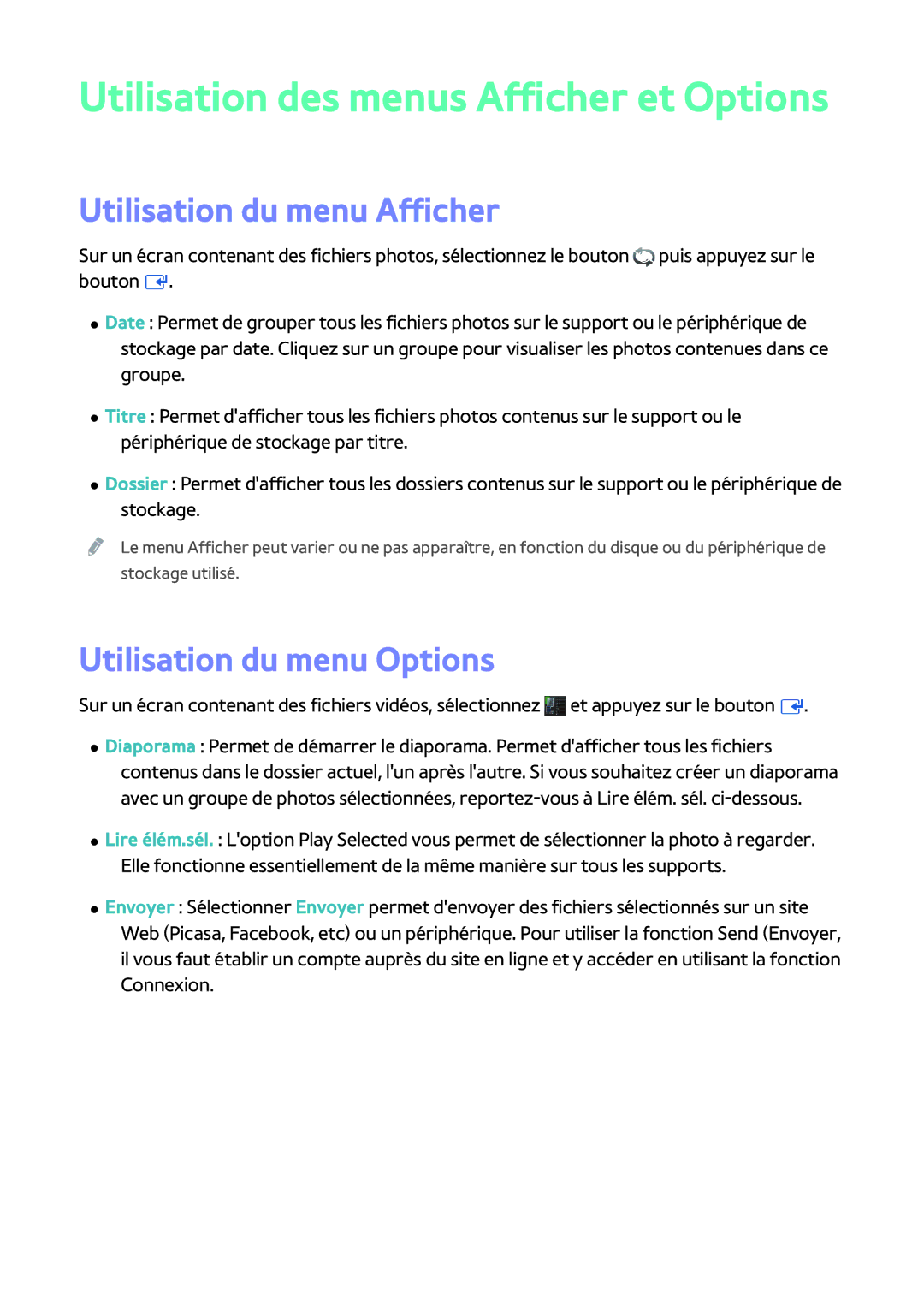 Samsung BD-H8500/ZF, BD-H8900/ZF manual Utilisation des menus Afficher et Options, Utilisation du menu Afficher 