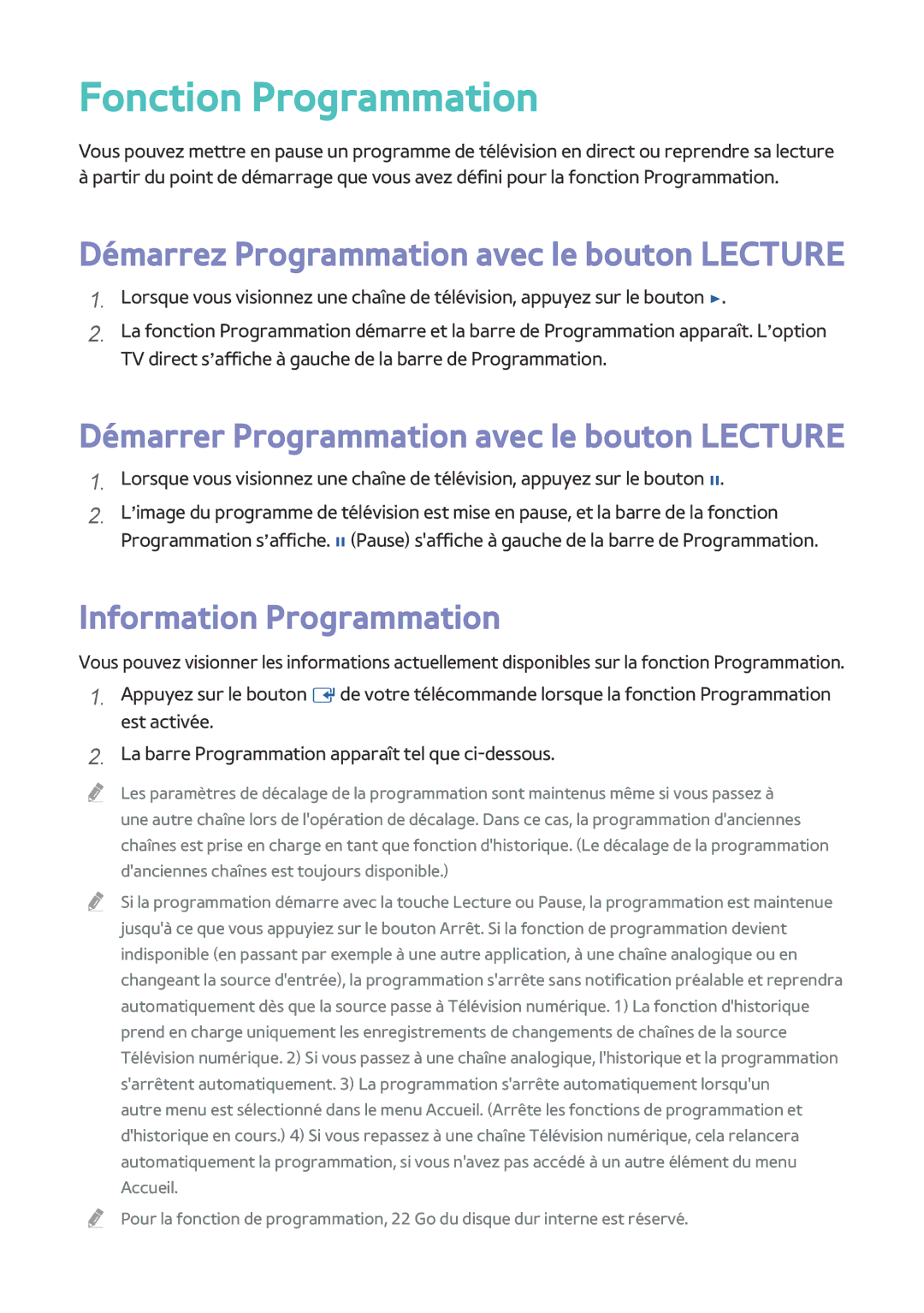 Samsung BD-H8900/ZF manual Fonction Programmation, Démarrez Programmation avec le bouton Lecture, Information Programmation 