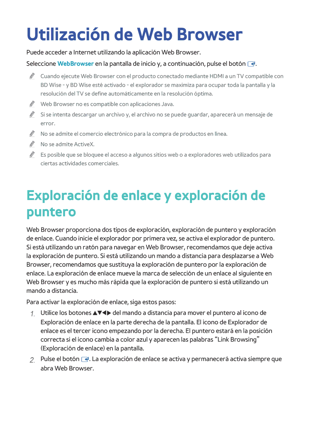 Samsung BD-H8500/ZF, BD-H8900/ZF manual Utilización de Web Browser, Exploración de enlace y exploración de puntero 