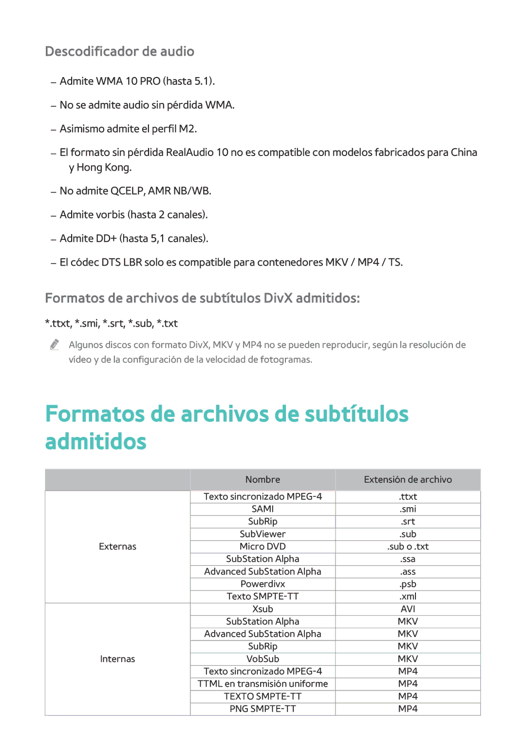 Samsung BD-H8900/ZF, BD-H8500/ZF manual Formatos de archivos de subtítulos admitidos, Descodificador de audio 