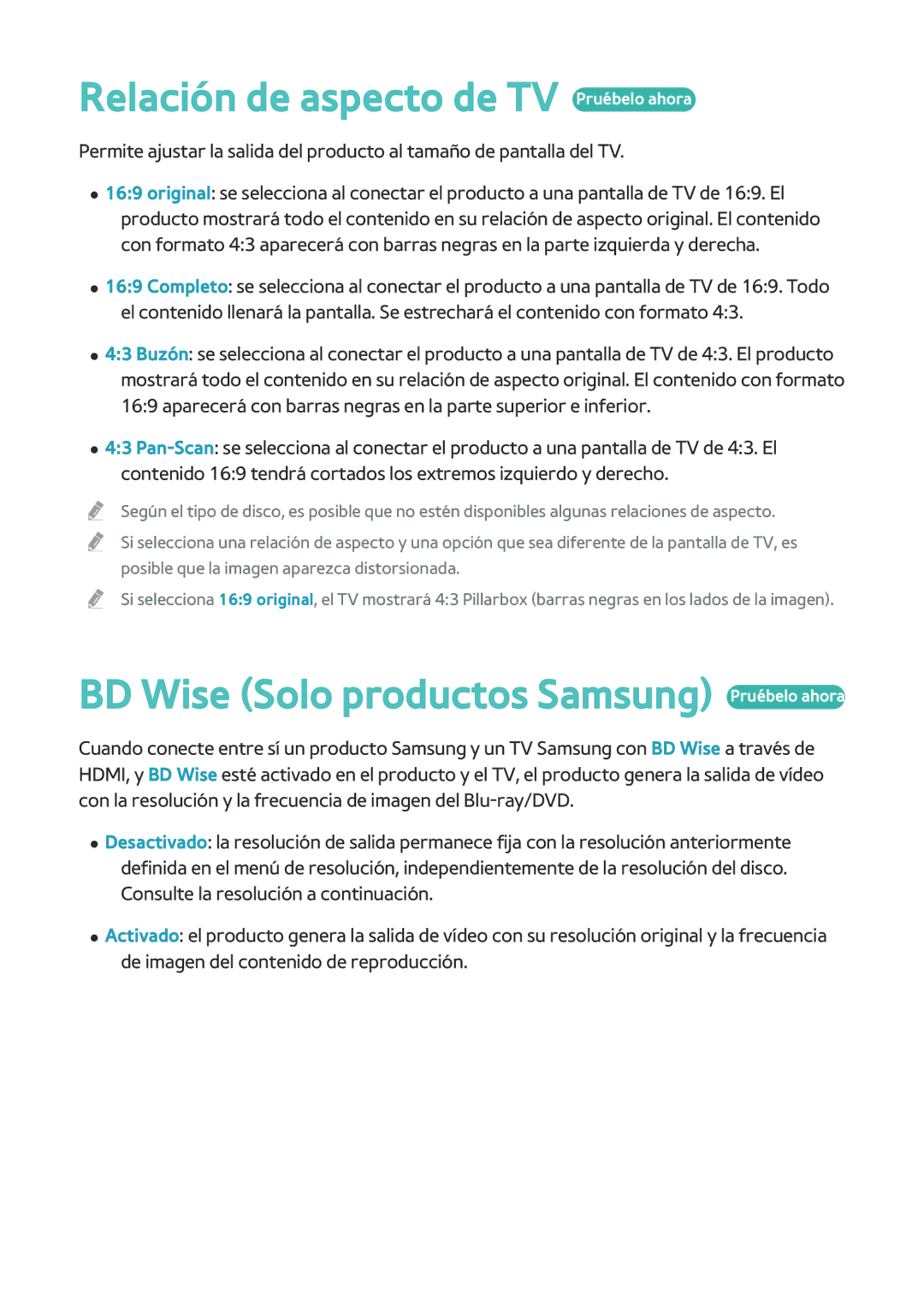 Samsung BD-H8900/ZF, BD-H8500/ZF Relación de aspecto de TV Pruébelo ahora, BD Wise Solo productos Samsung Pruébelo ahora 