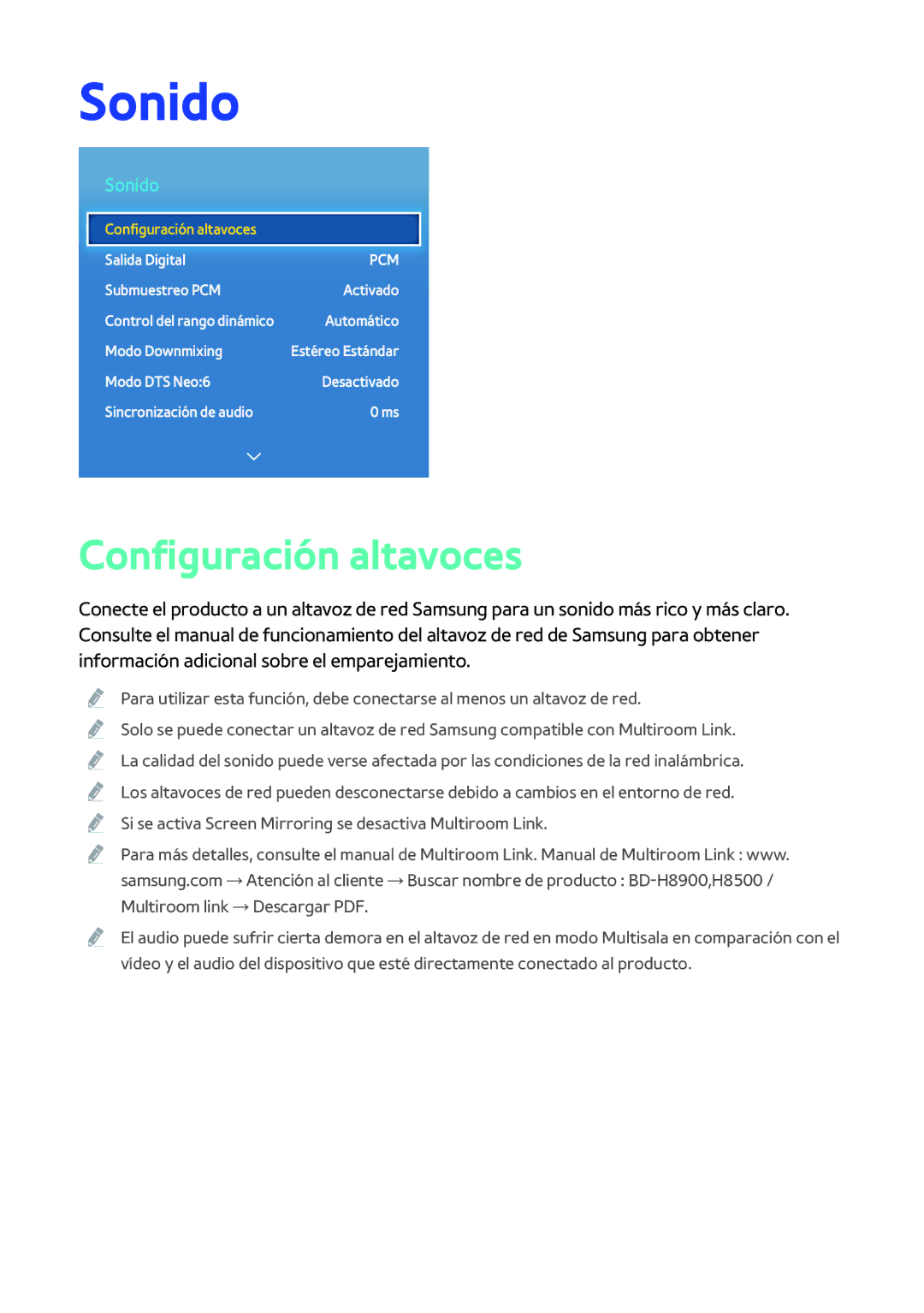 Samsung BD-H8500/ZF, BD-H8900/ZF manual Sonido, Configuración altavoces 