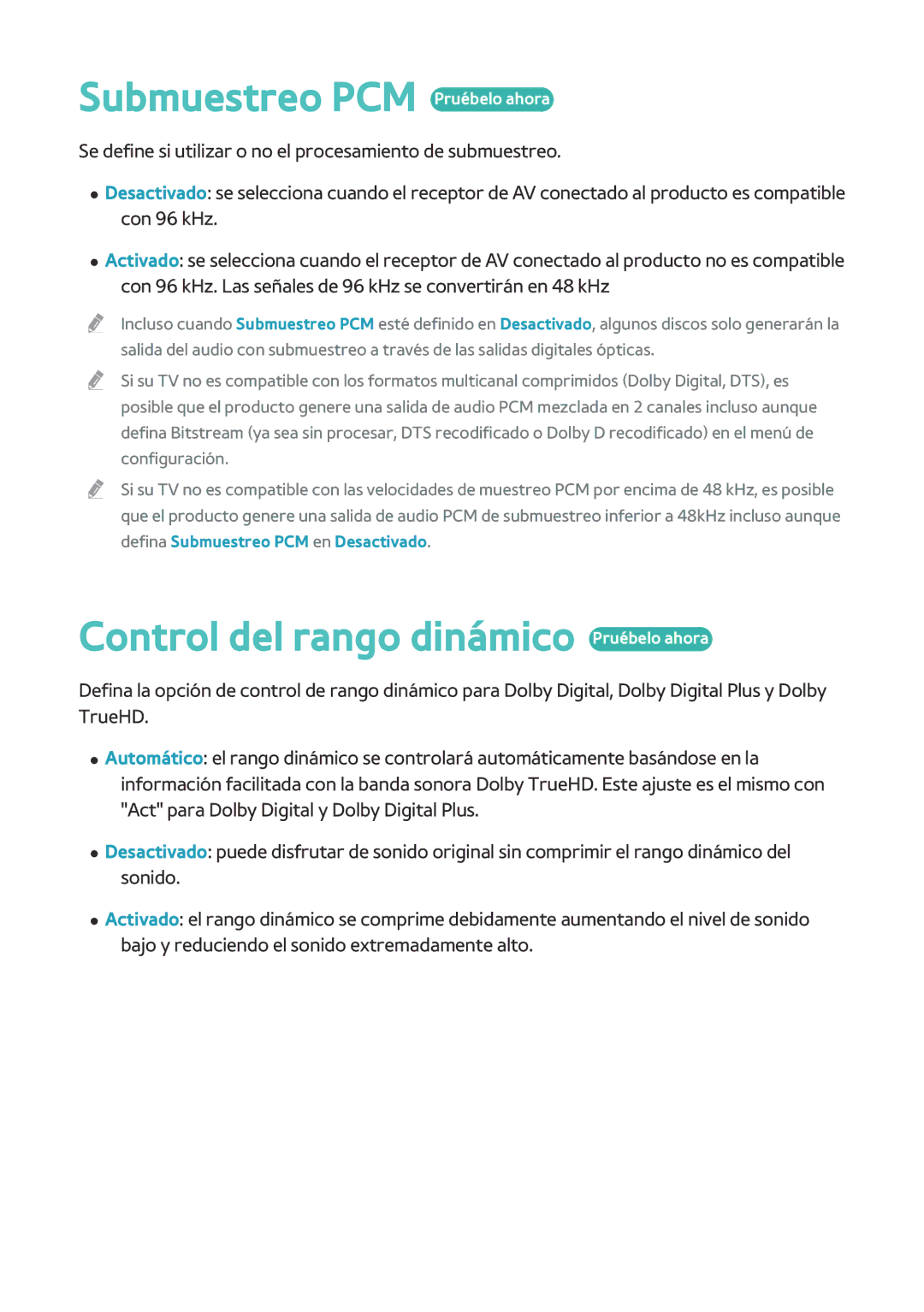 Samsung BD-H8500/ZF, BD-H8900/ZF manual Submuestreo PCM Pruébelo ahora, Control del rango dinámico Pruébelo ahora 