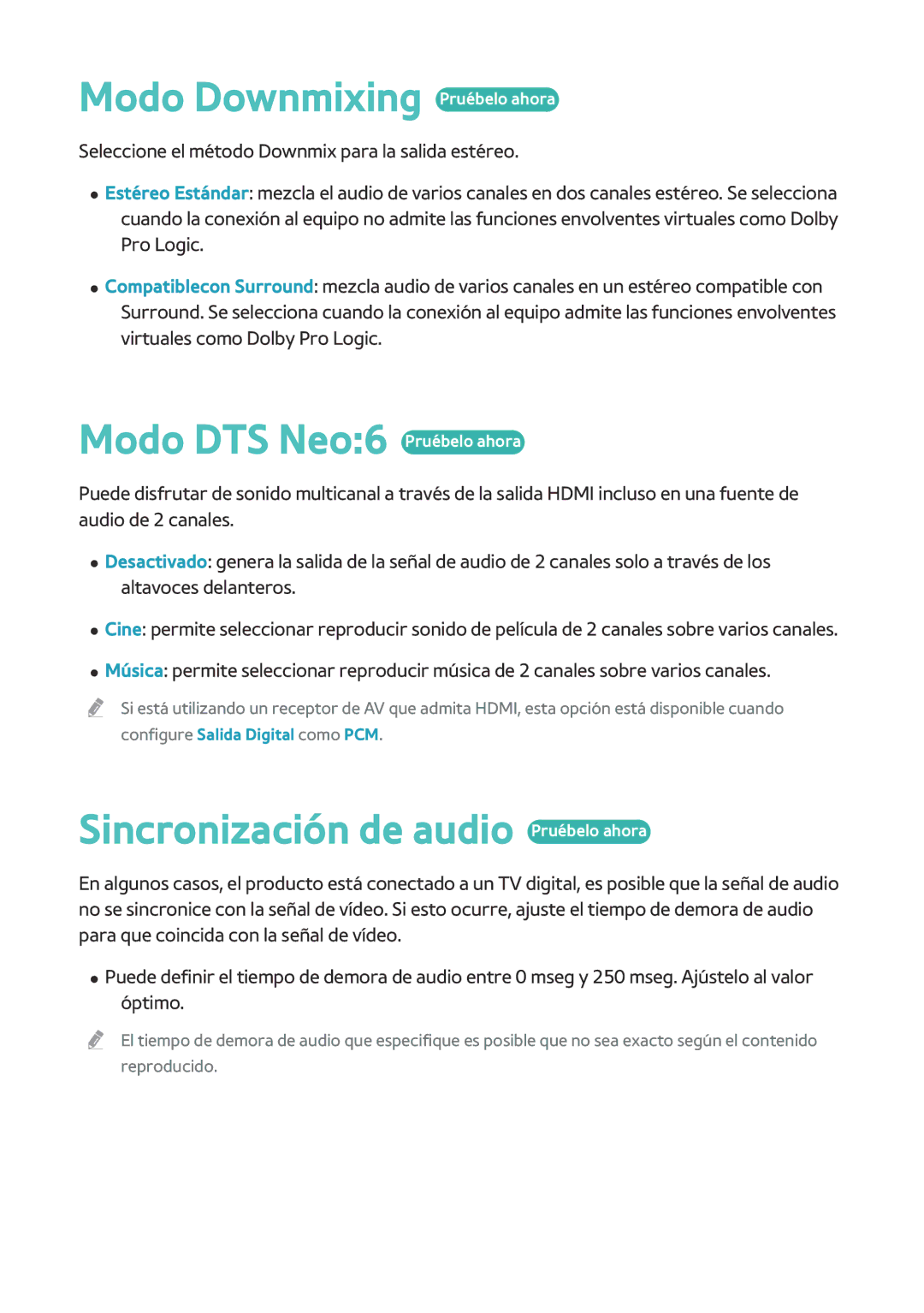 Samsung BD-H8900/ZF Modo Downmixing Pruébelo ahora, Modo DTS Neo6 Pruébelo ahora, Sincronización de audio Pruébelo ahora 