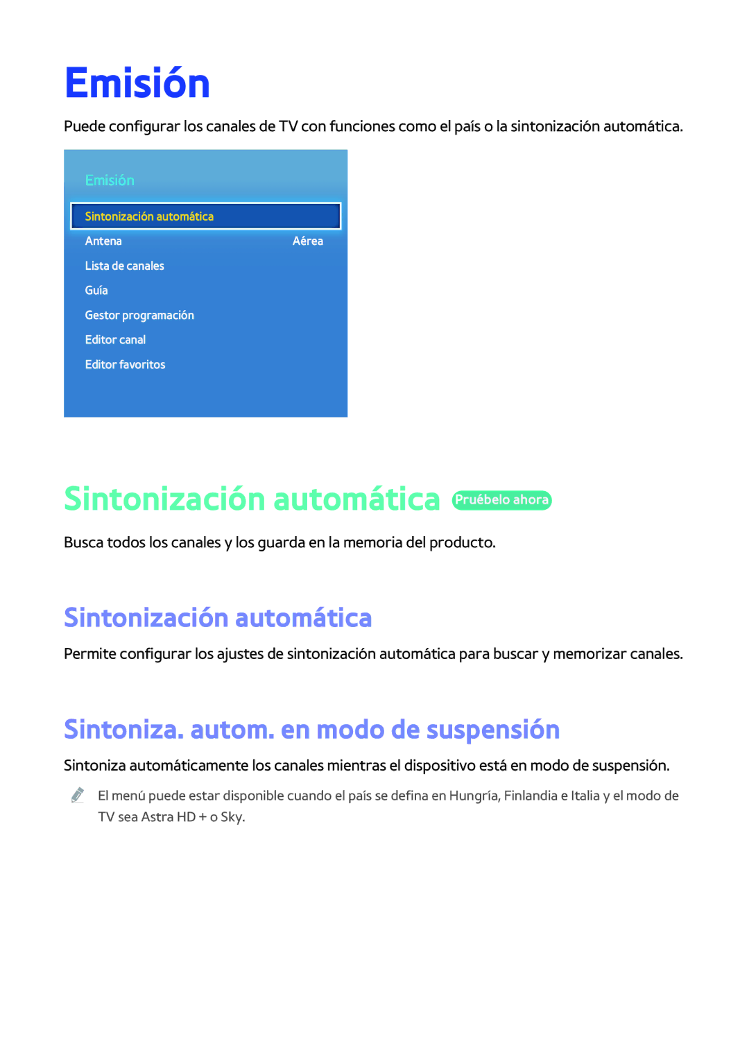 Samsung BD-H8900/ZF, BD-H8500/ZF Emisión, Sintonización automática Pruébelo ahora, Sintoniza. autom. en modo de suspensión 