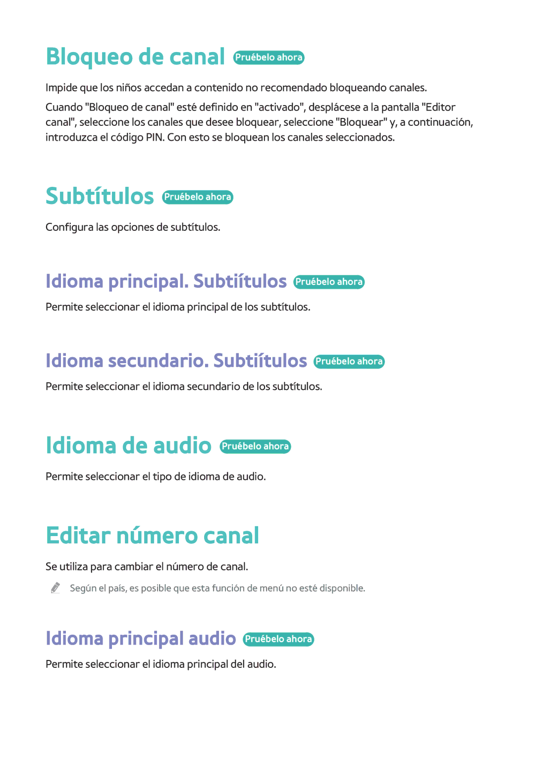 Samsung BD-H8900/ZF, BD-H8500/ZF manual Bloqueo de canal Pruébelo ahora, Idioma de audio Pruébelo ahora, Editar número canal 