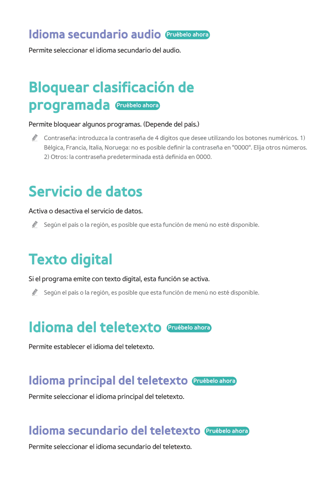 Samsung BD-H8500/ZF manual Bloquear clasificación de, Servicio de datos, Texto digital, Idioma del teletexto Pruébelo ahora 