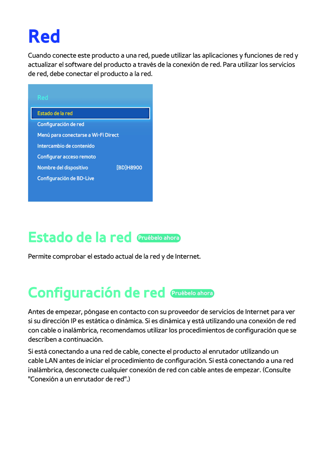 Samsung BD-H8500/ZF, BD-H8900/ZF manual Red, Estado de la red Pruébelo ahora, Configuración de red Pruébelo ahora 