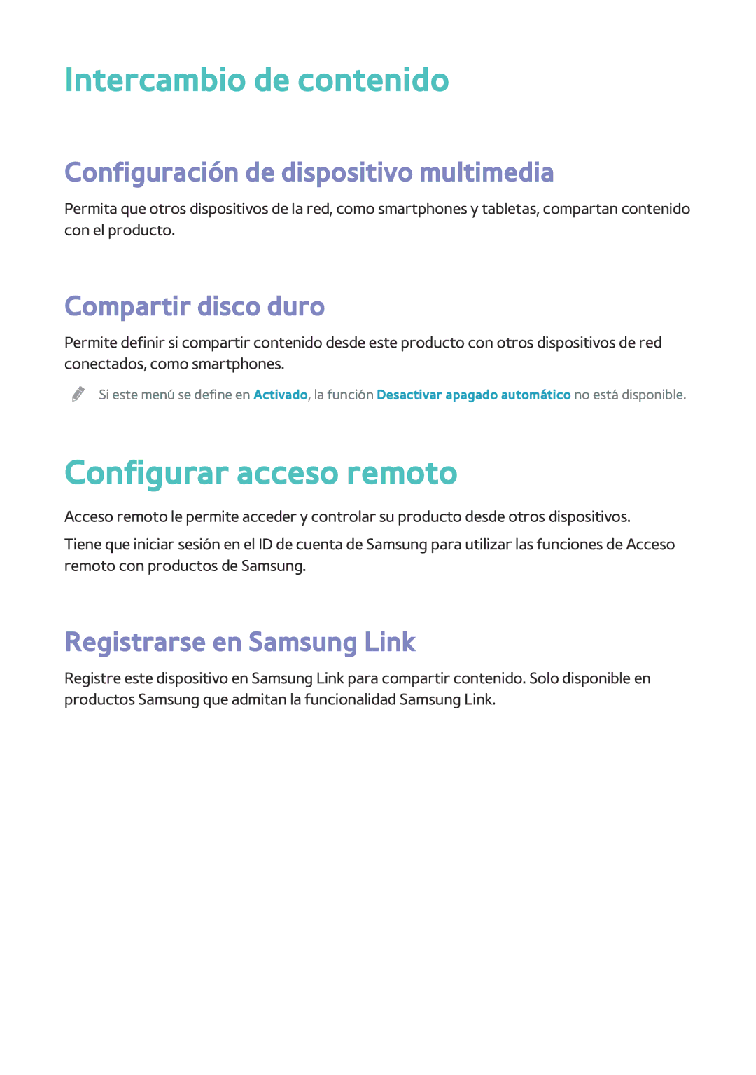 Samsung BD-H8500/ZF manual Intercambio de contenido, Configurar acceso remoto, Configuración de dispositivo multimedia 