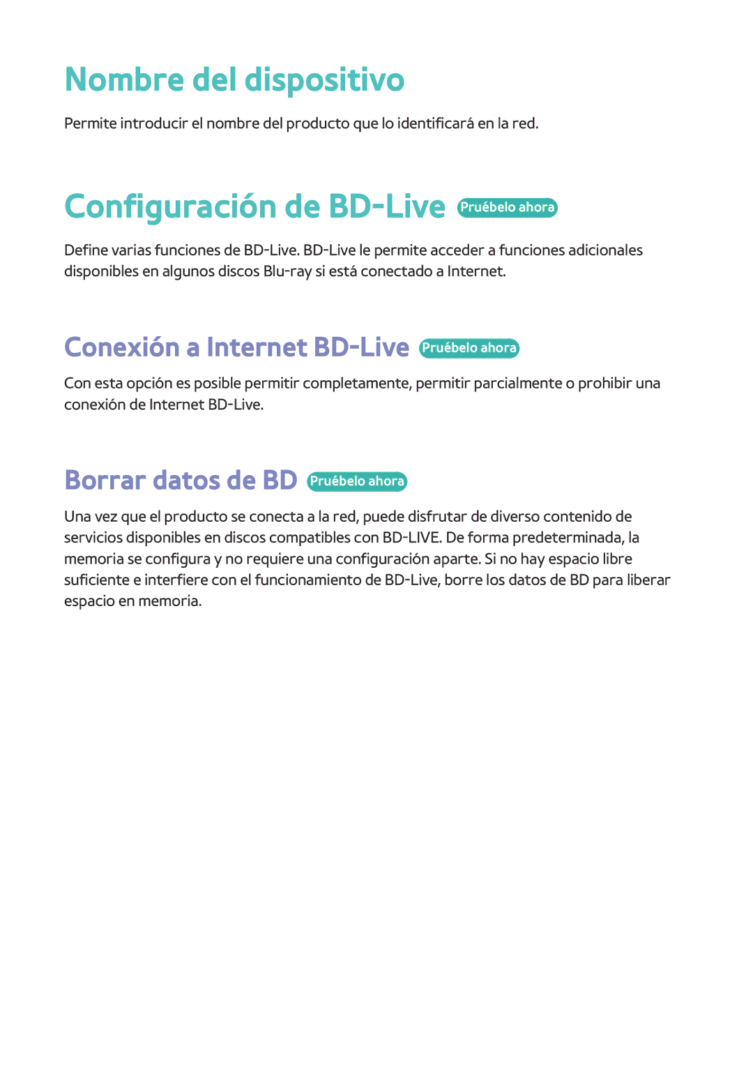 Samsung BD-H8900/ZF Nombre del dispositivo, Configuración de BD-Live Pruébelo ahora, Borrar datos de BD Pruébelo ahora 