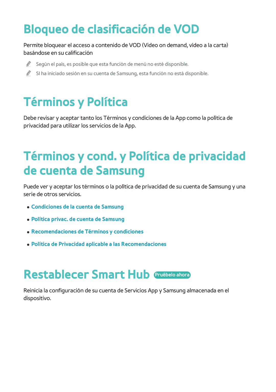 Samsung BD-H8900/ZF manual Bloqueo de clasificación de VOD, Términos y Política, Restablecer Smart Hub Pruébelo ahora 