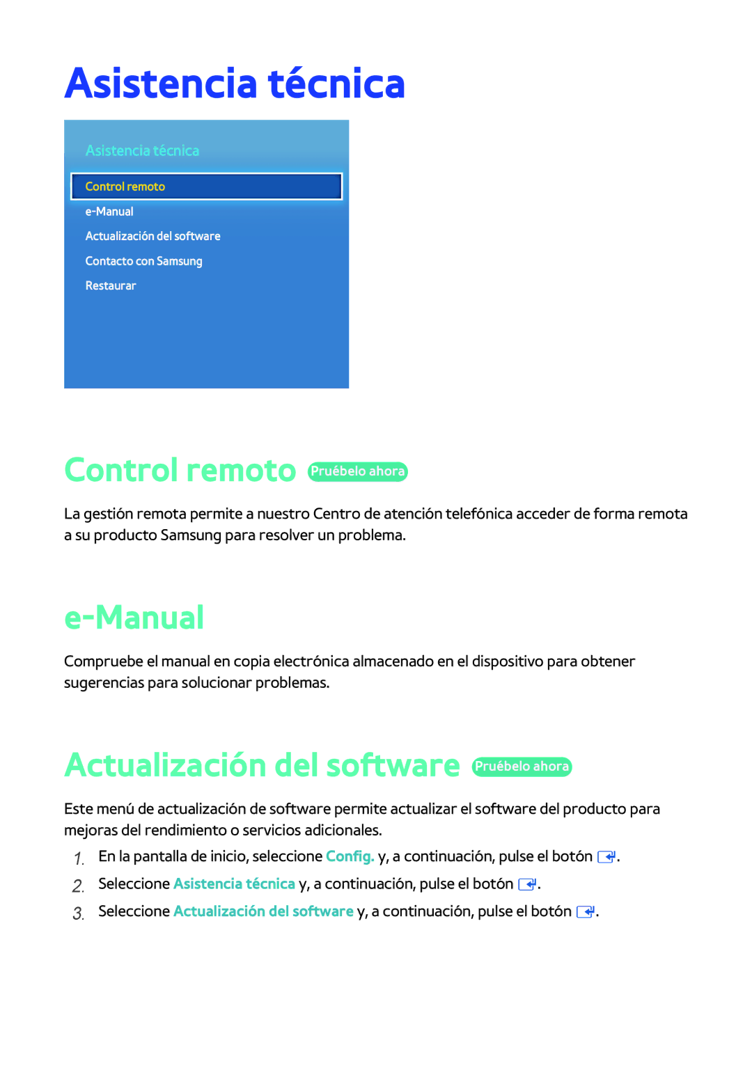 Samsung BD-H8900/ZF Asistencia técnica, Control remoto Pruébelo ahora, Manual, Actualización del software Pruébelo ahora 