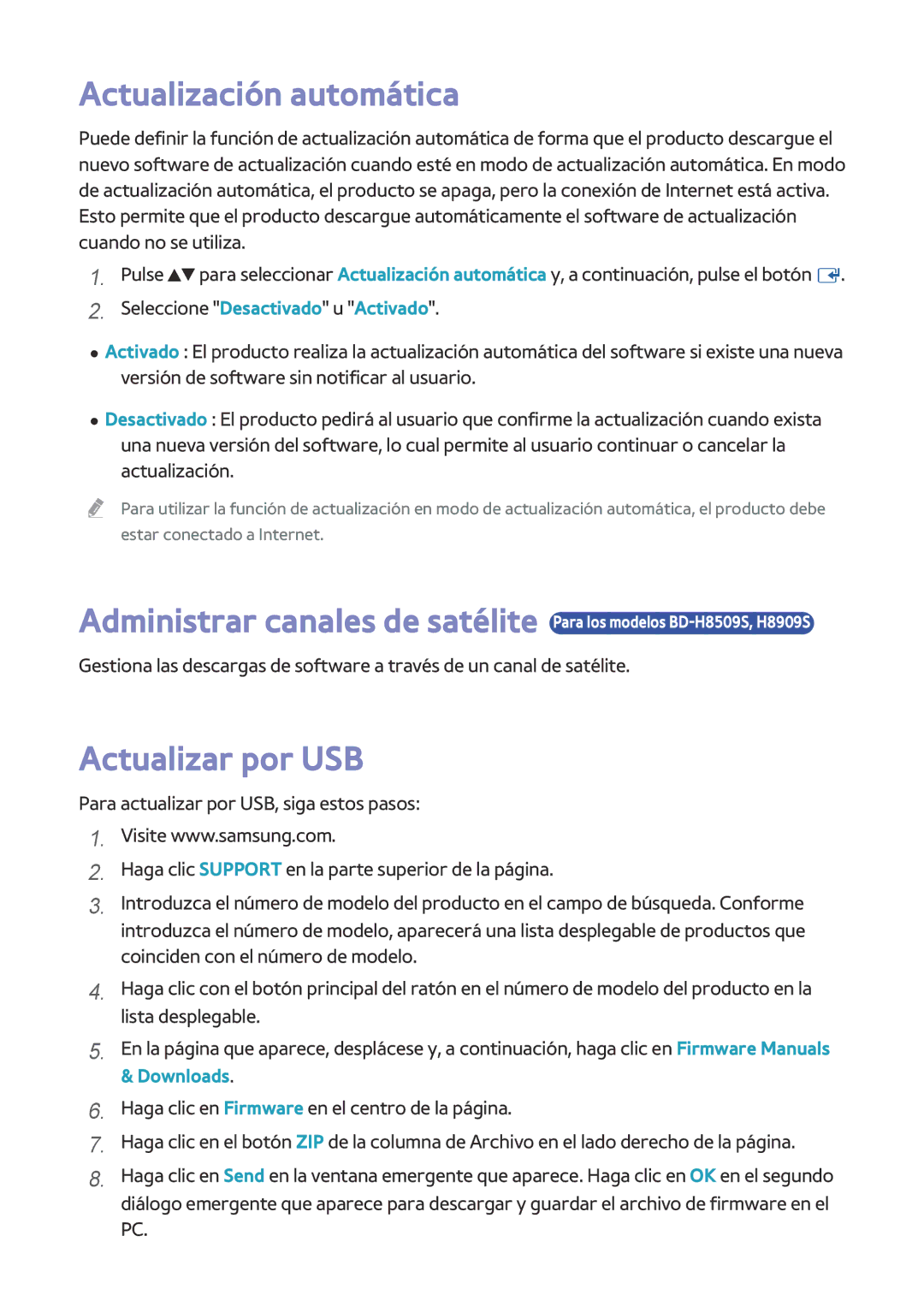 Samsung BD-H8900/ZF, BD-H8500/ZF manual Actualización automática, Actualizar por USB 