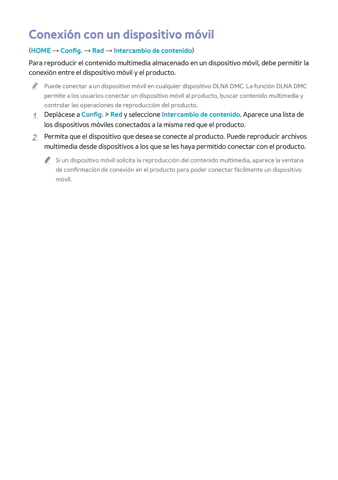 Samsung BD-H8500/ZF, BD-H8900/ZF manual Conexión con un dispositivo móvil, Home → Config. → Red → Intercambio de contenido 