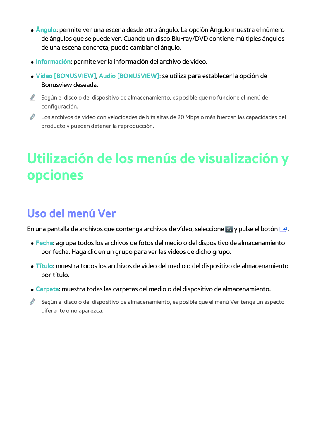 Samsung BD-H8500/ZF, BD-H8900/ZF manual Utilización de los menús de visualización y opciones, Uso del menú Ver 