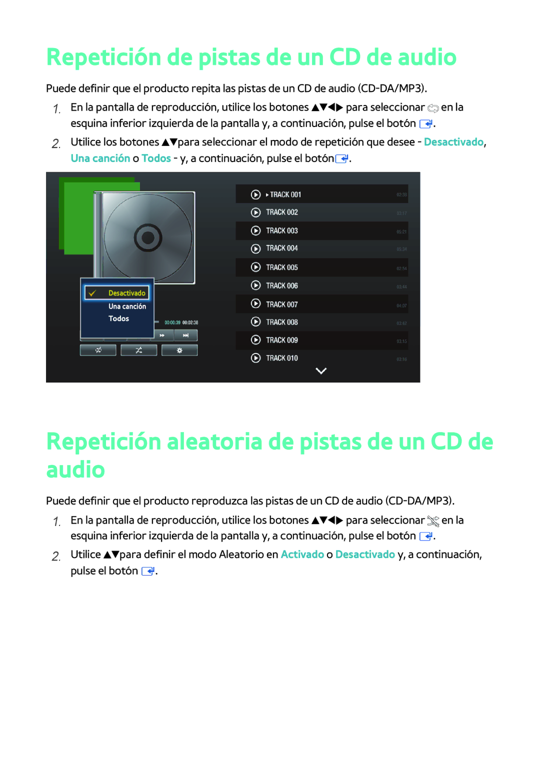 Samsung BD-H8500/ZF, BD-H8900/ZF Repetición de pistas de un CD de audio, Repetición aleatoria de pistas de un CD de audio 