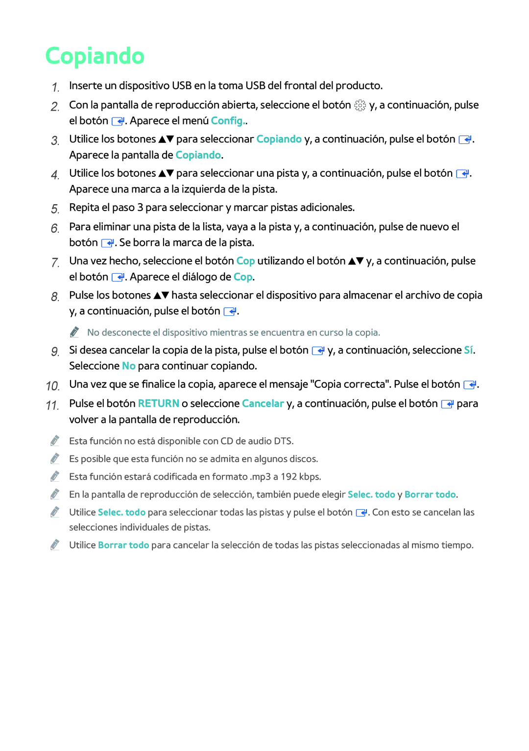 Samsung BD-H8500/ZF, BD-H8900/ZF manual Copiando, Esta función no está disponible con CD de audio DTS 