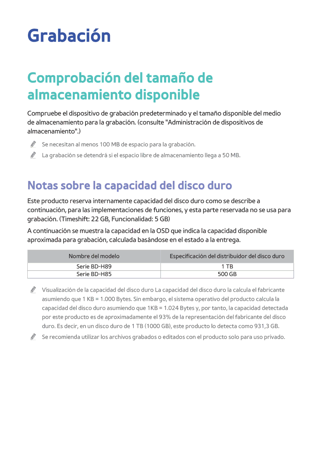 Samsung BD-H8900/ZF, BD-H8500/ZF manual Grabación, Notas sobre la capacidad del disco duro 